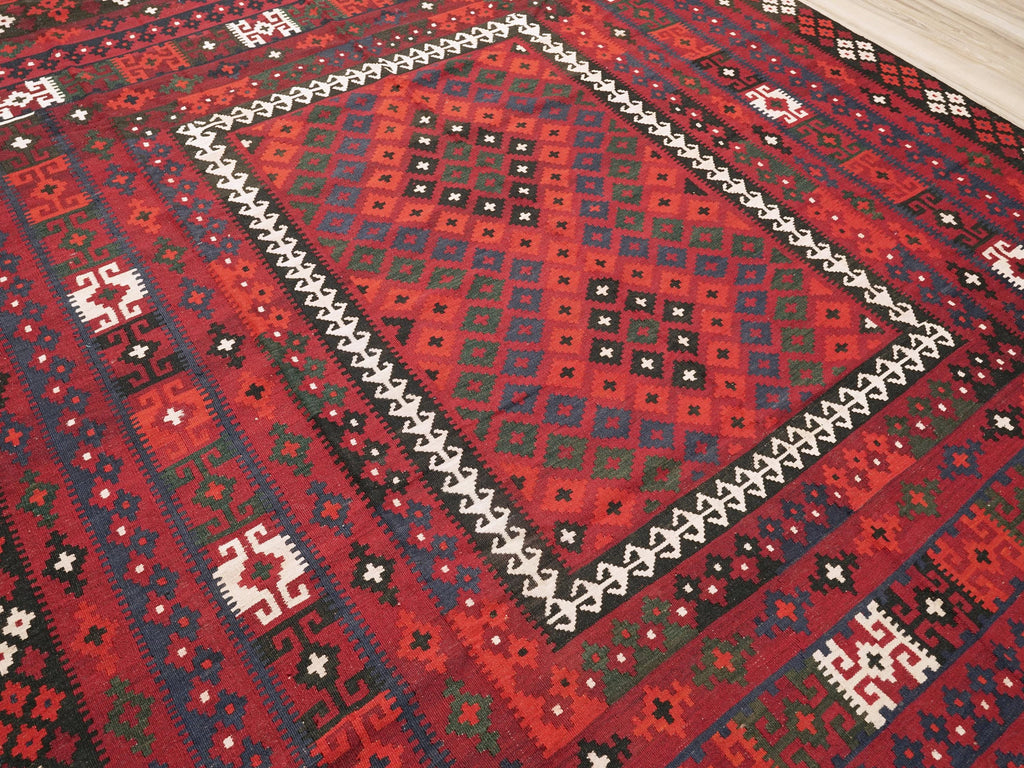 9x11 Ft Red Maimana Kilim Rug - Vintage Afghan Flat Weave