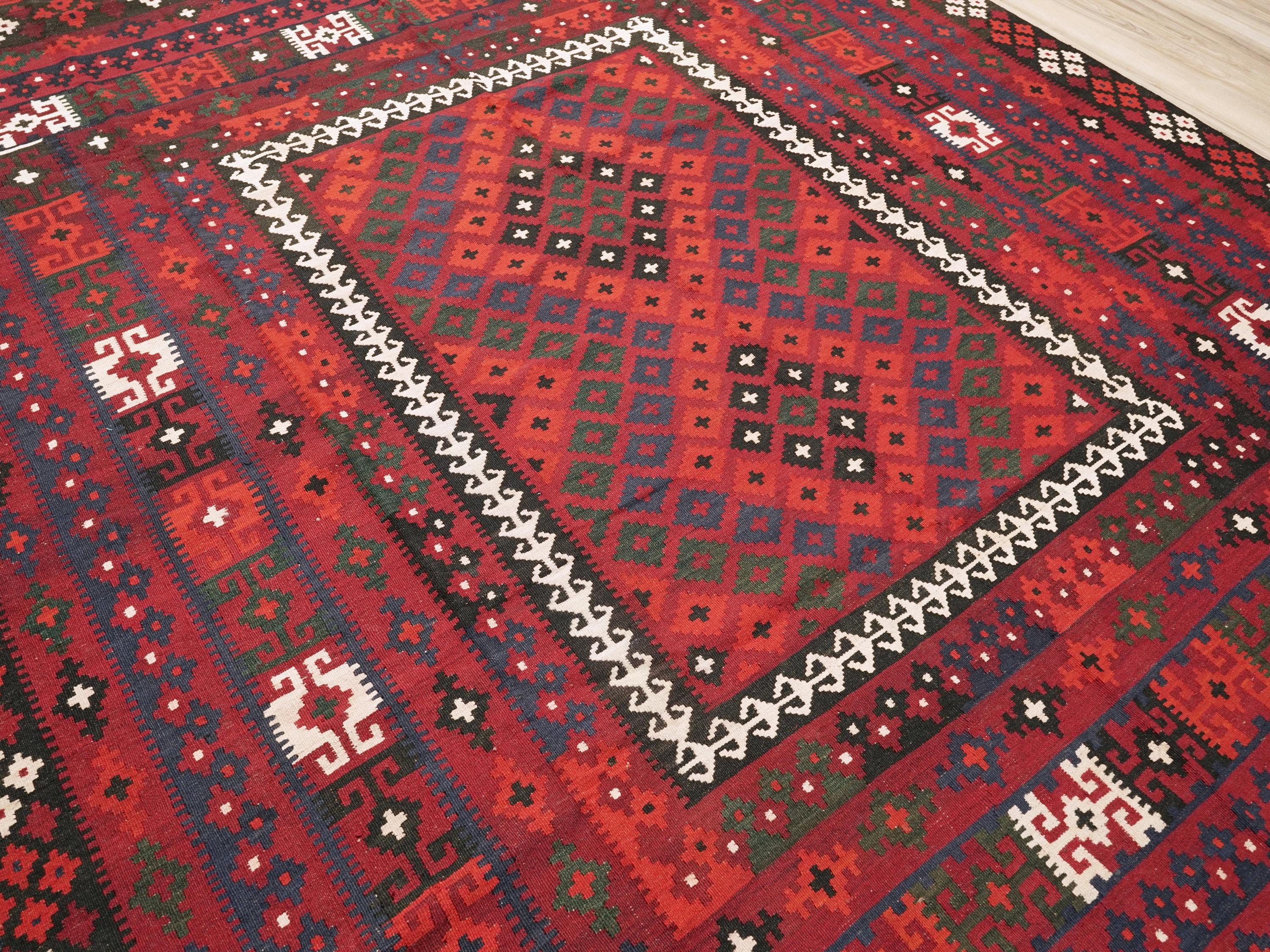9x11 Ft Red Maimana Kilim Rug - Vintage Afghan Flat Weave