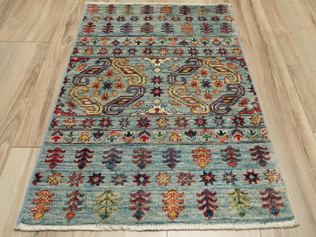 2x3 Ft Handmade Light Blue Khorjin Rug - Afghan Wool Rug