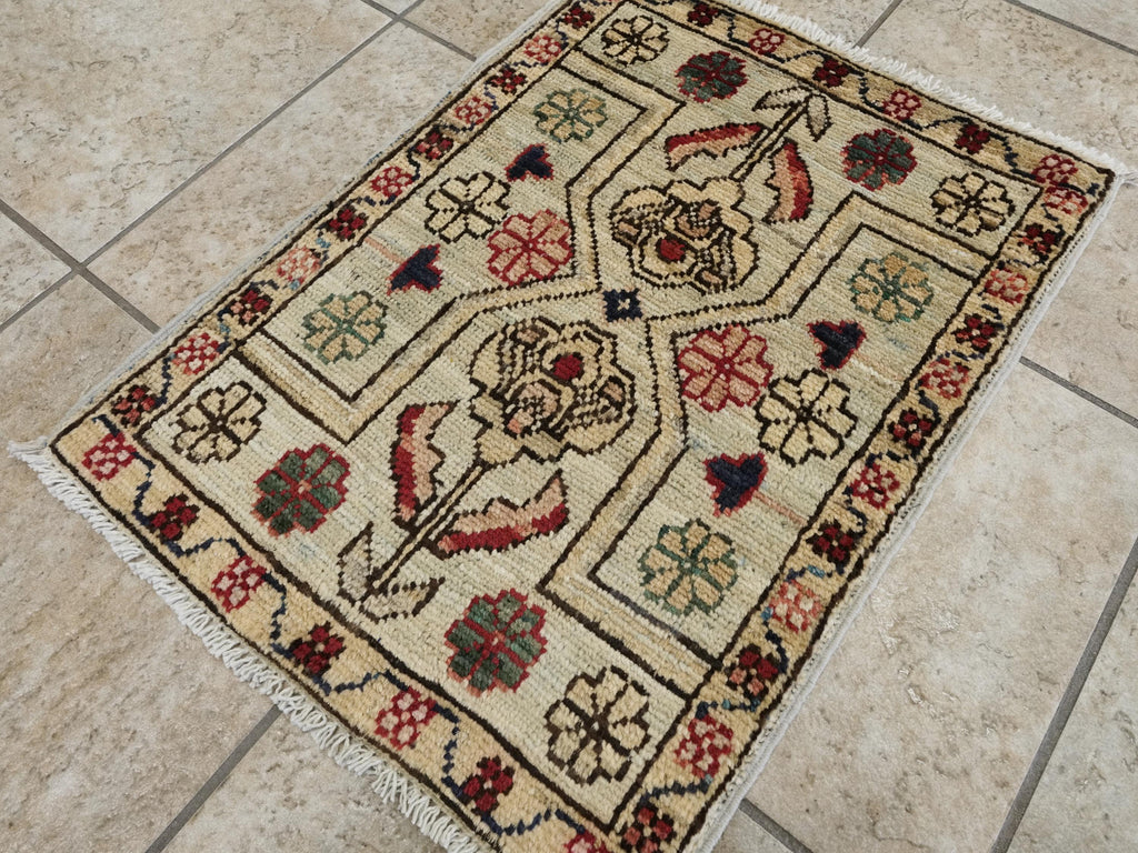 1x2 Ft Hand Knotted Beige Serapi Rug - Ghazni Wool Floral Rug