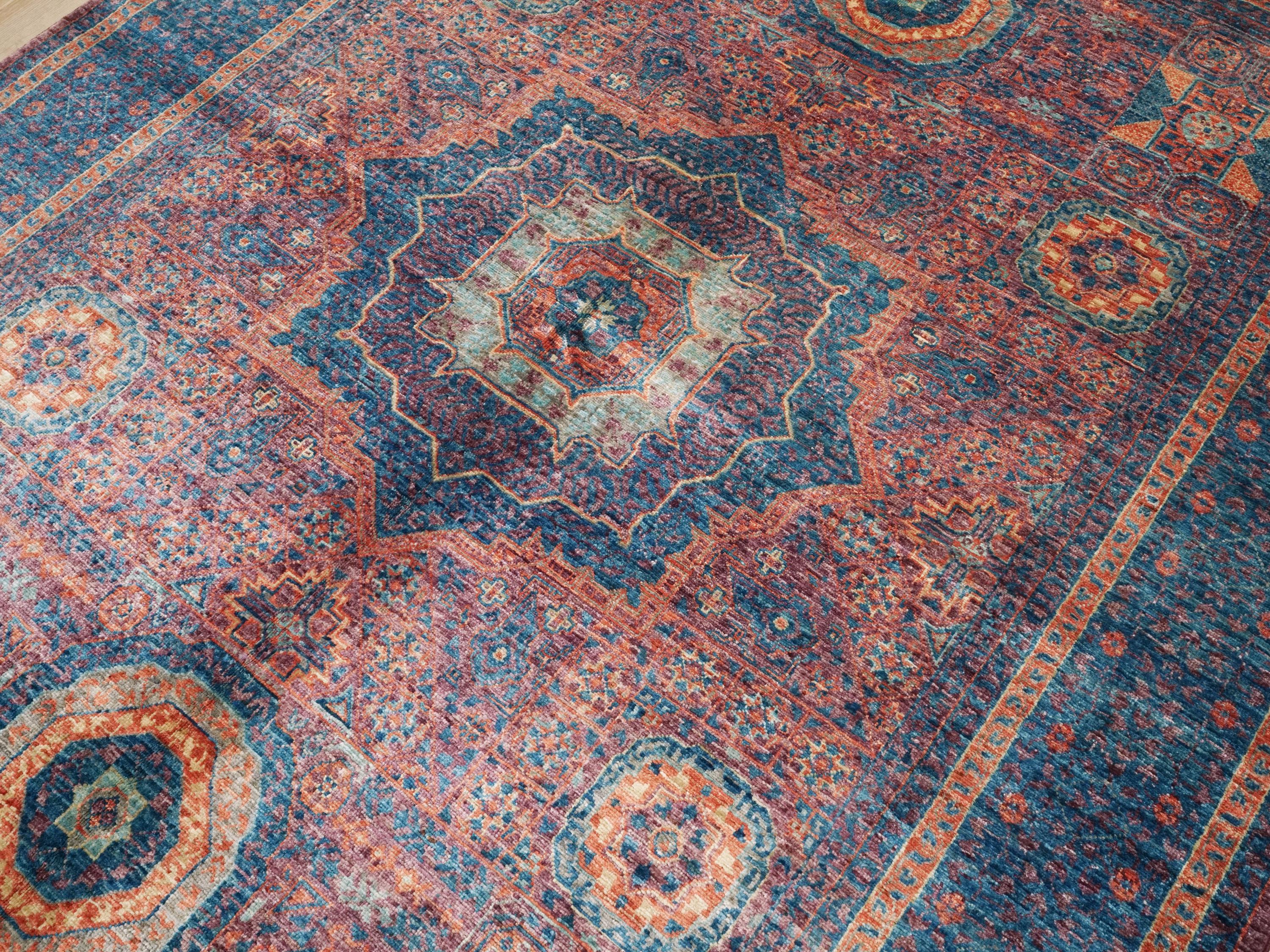 6x8 Ft Blue Mamluk Rug - Hand Knotted Oriental Rug - Geometric Design