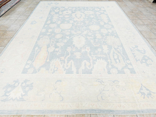 12x15 Ft Muted Ushak Rug - Traditional Wool Area Rug - Blue & White Turkish design