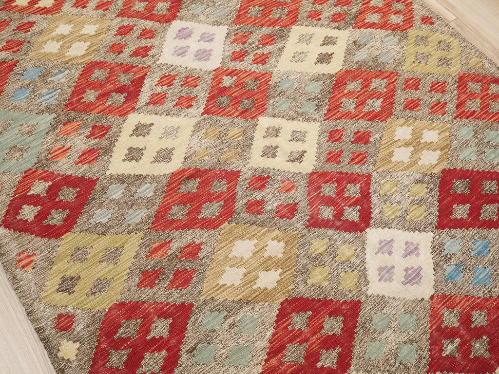 5x6 Ft Red Kilim Rug - Geometric Afghan Flat Weave