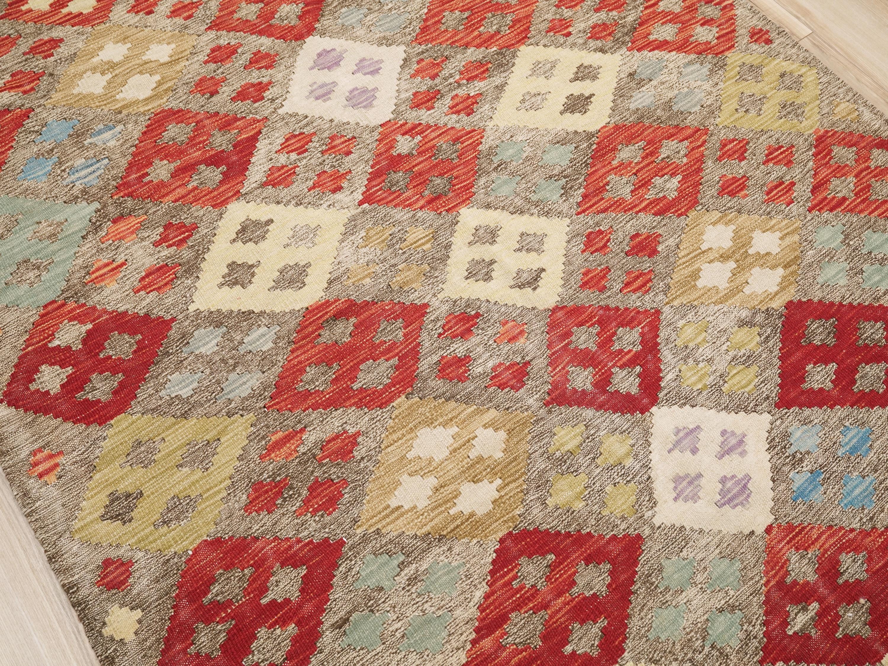 5x6 Ft Red Kilim Rug - Geometric Afghan Flat Weave