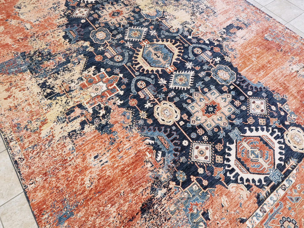 9x12 Ft Red & Blue Heriz Rug - Hand Knotted Transitional Rug