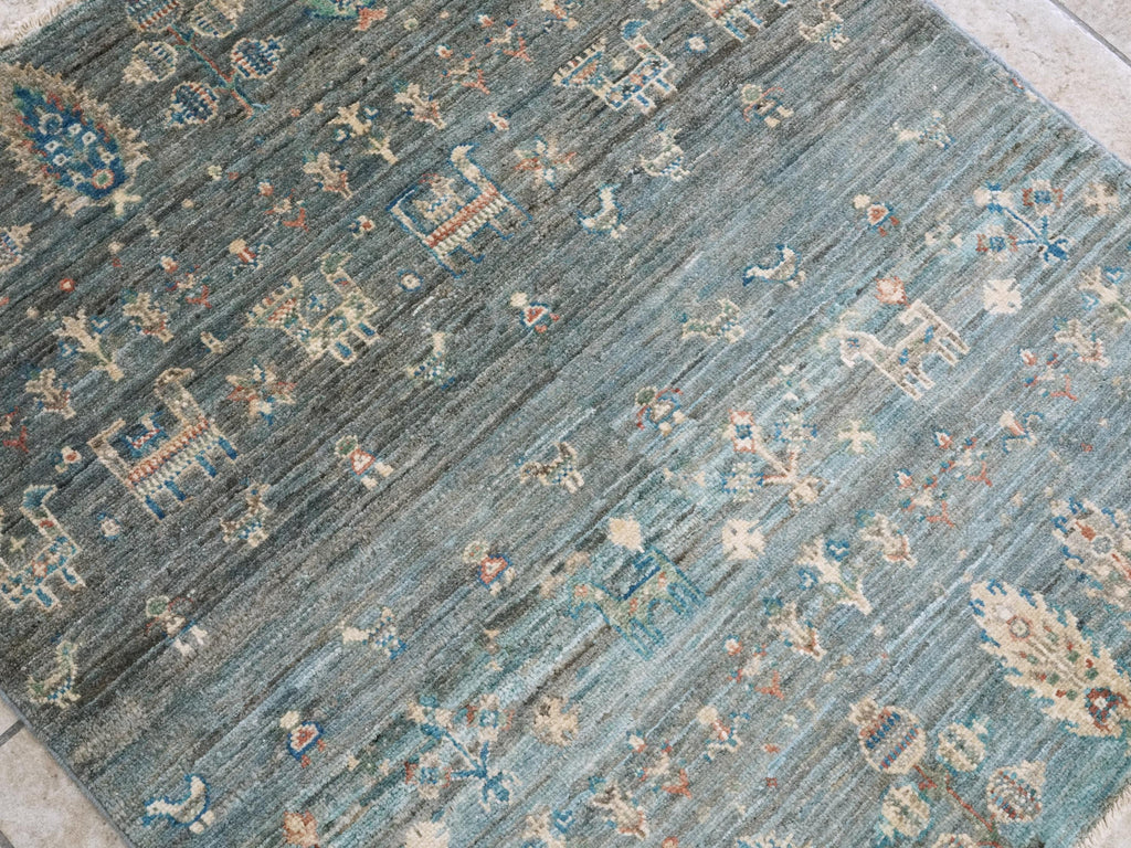 3x3 Ft Cyan Serapi Rug - Hand Knotted Wool Oriental Rug - Floral Design