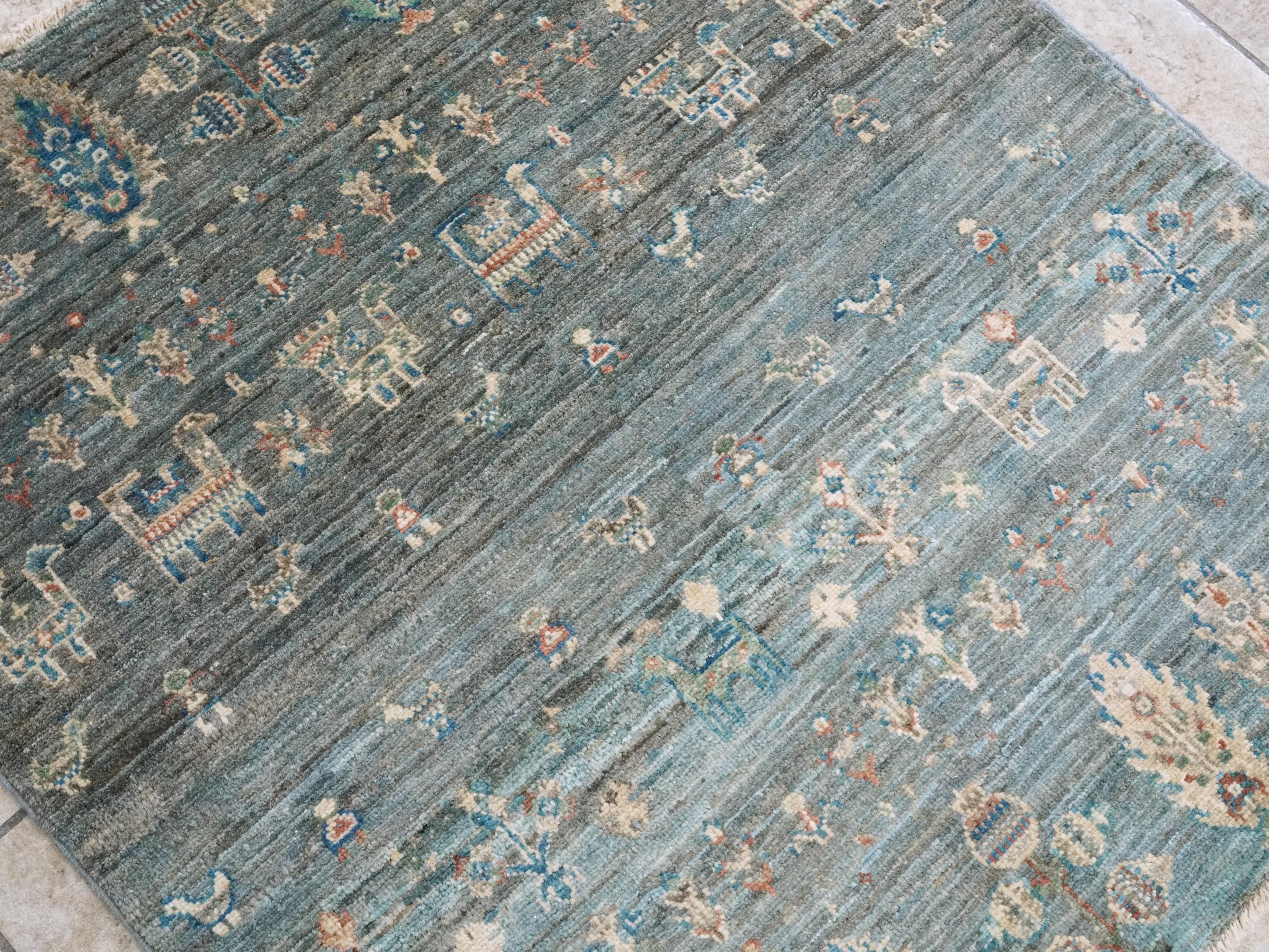 3x3 Ft Cyan Serapi Rug - Hand Knotted Wool Oriental Rug - Floral Design