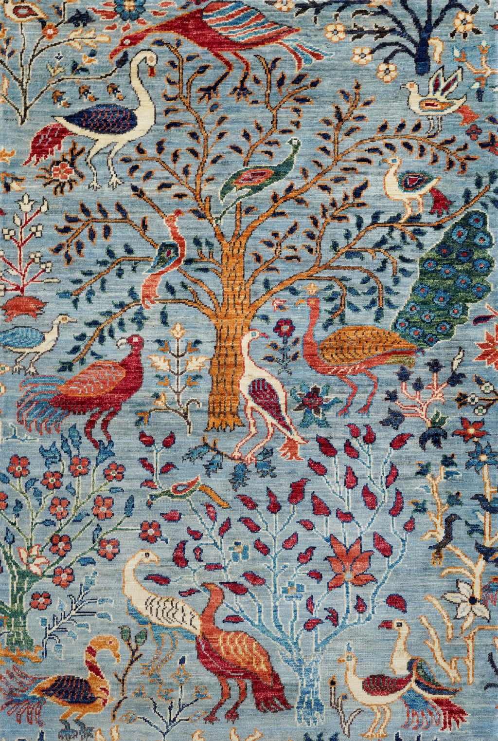 3x5 Ft Light Blue Bird Rug - Handmade Afghan Wool Rug - Floral Design