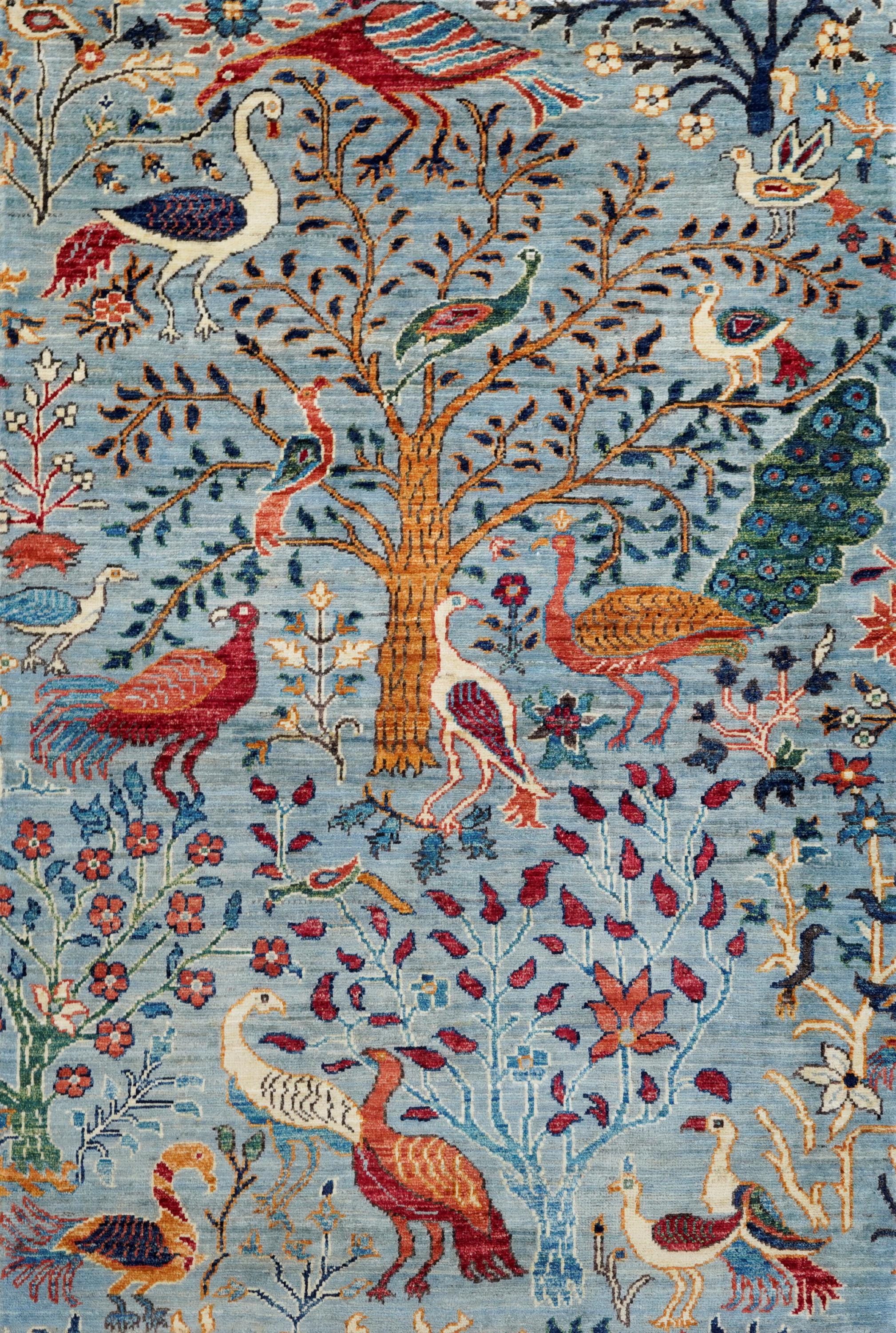 3x5 Ft Light Blue Bird Rug - Handmade Afghan Wool Rug - Floral Design