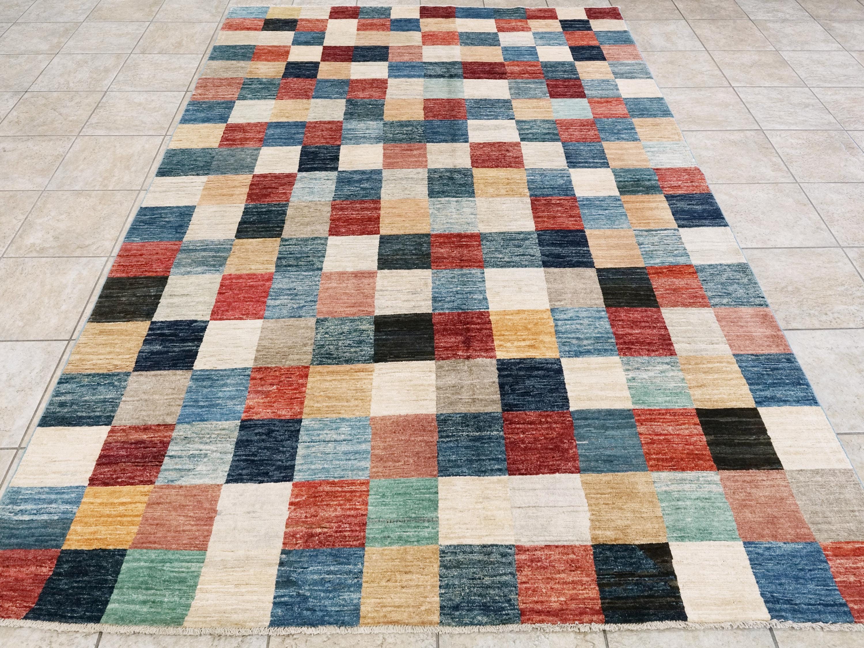 7x10 Multicolor Gabbeh Rug - Afghan Wool Area Rug - Geometric Design