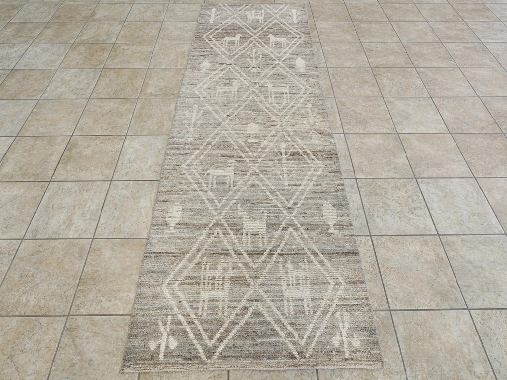 10 Ft Handmade Afghan Wool Runner Rug - Light Gray Moroccan Design