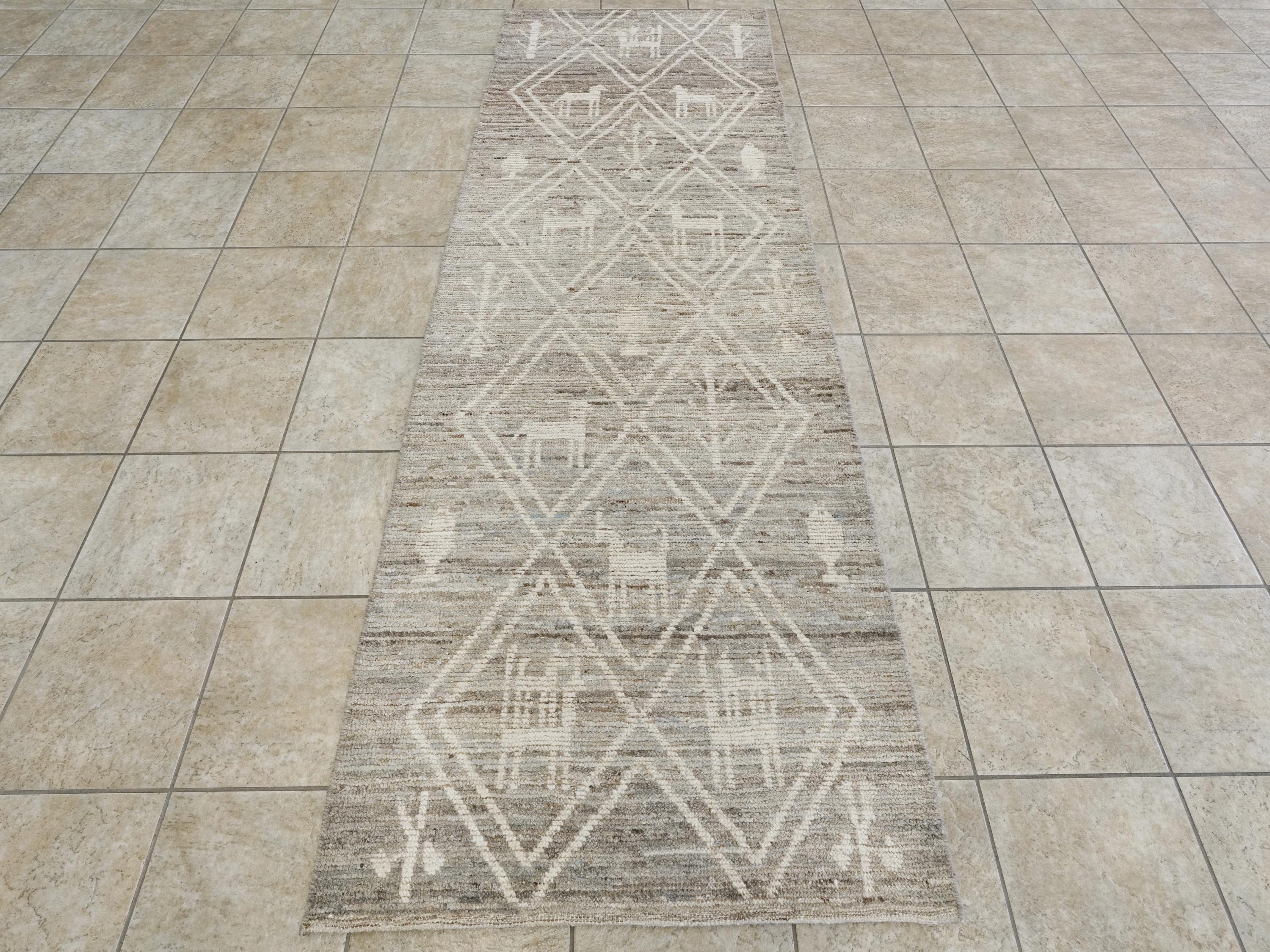 10 Ft Handmade Afghan Wool Runner Rug - Light Gray Moroccan Design
