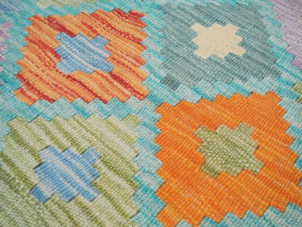 5x7 Ft Orange & Blue Kilim Rug - Handwoven Afghan Flat Weave
