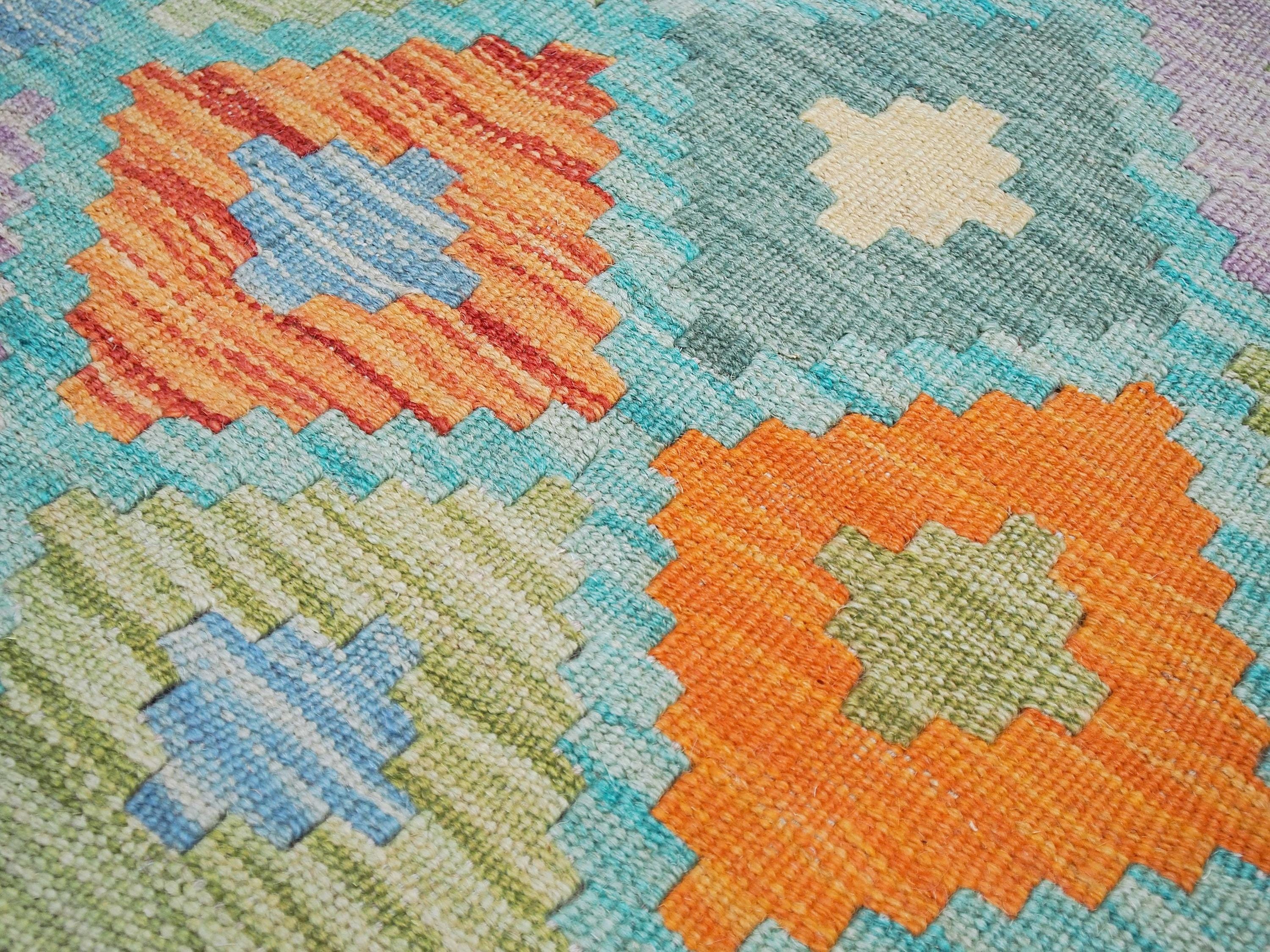 5x7 Ft Orange & Blue Kilim Rug - Handwoven Afghan Flat Weave