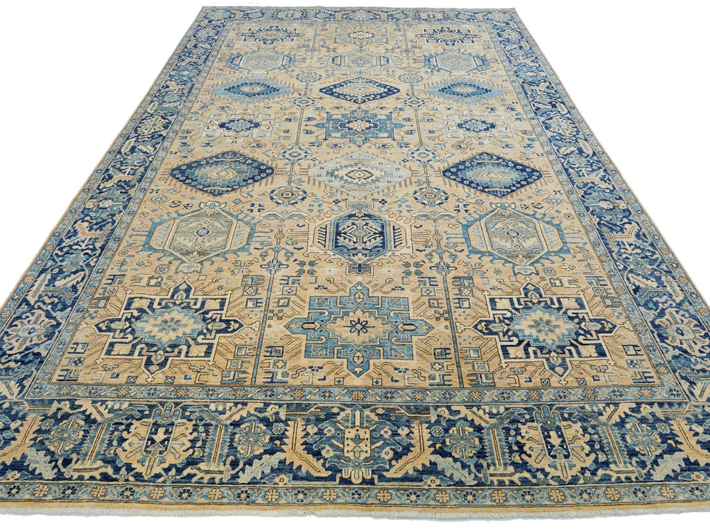 10x14 Ft Beige & Blue Heriz Rug - Hand Knotted Antique Rug