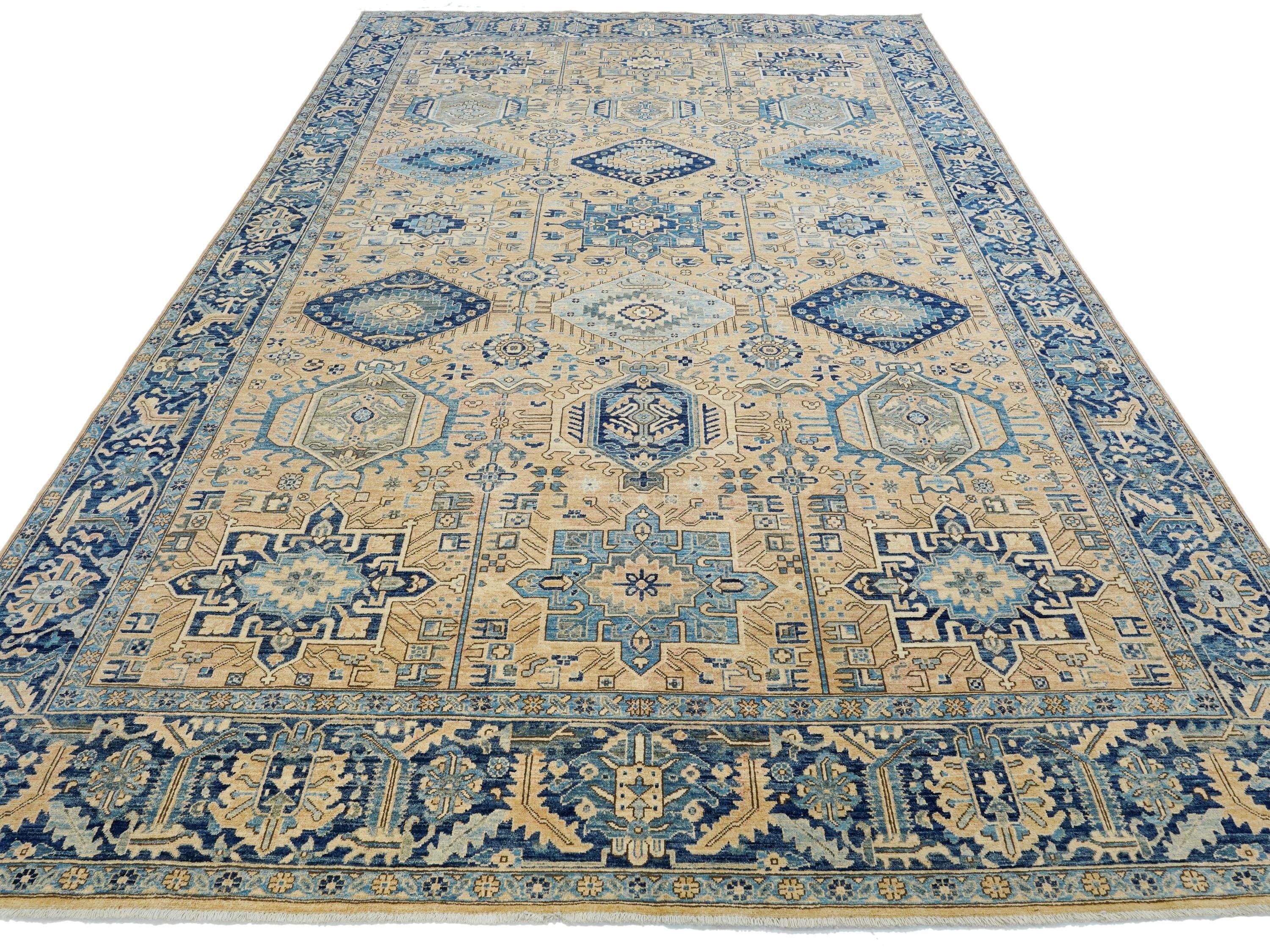 10x14 Ft Beige & Blue Heriz Rug - Hand Knotted Antique Rug