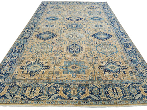 10x14 Ft Beige & Blue Heriz Rug - Hand Knotted Antique Rug