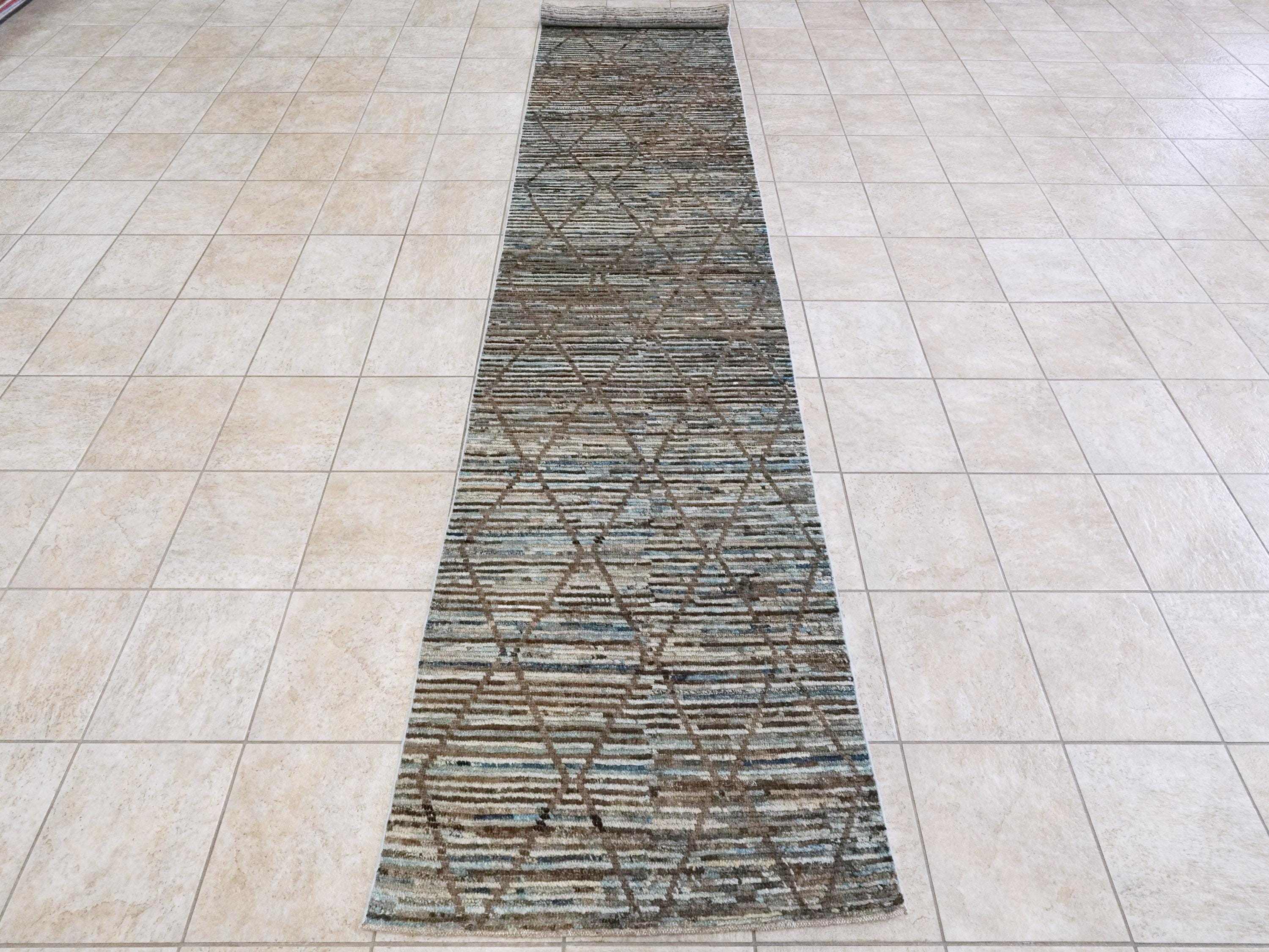 16 Ft Blue Moroccan Runner Rug - Afghan Handmade Hallway Rug - Contemporary Design