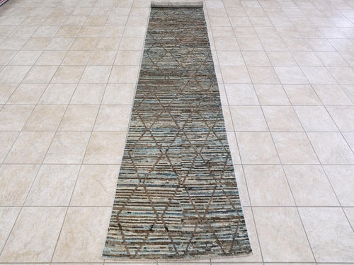 16 Ft Blue Moroccan Runner Rug - Afghan Handmade Hallway Rug - Contemporary Design