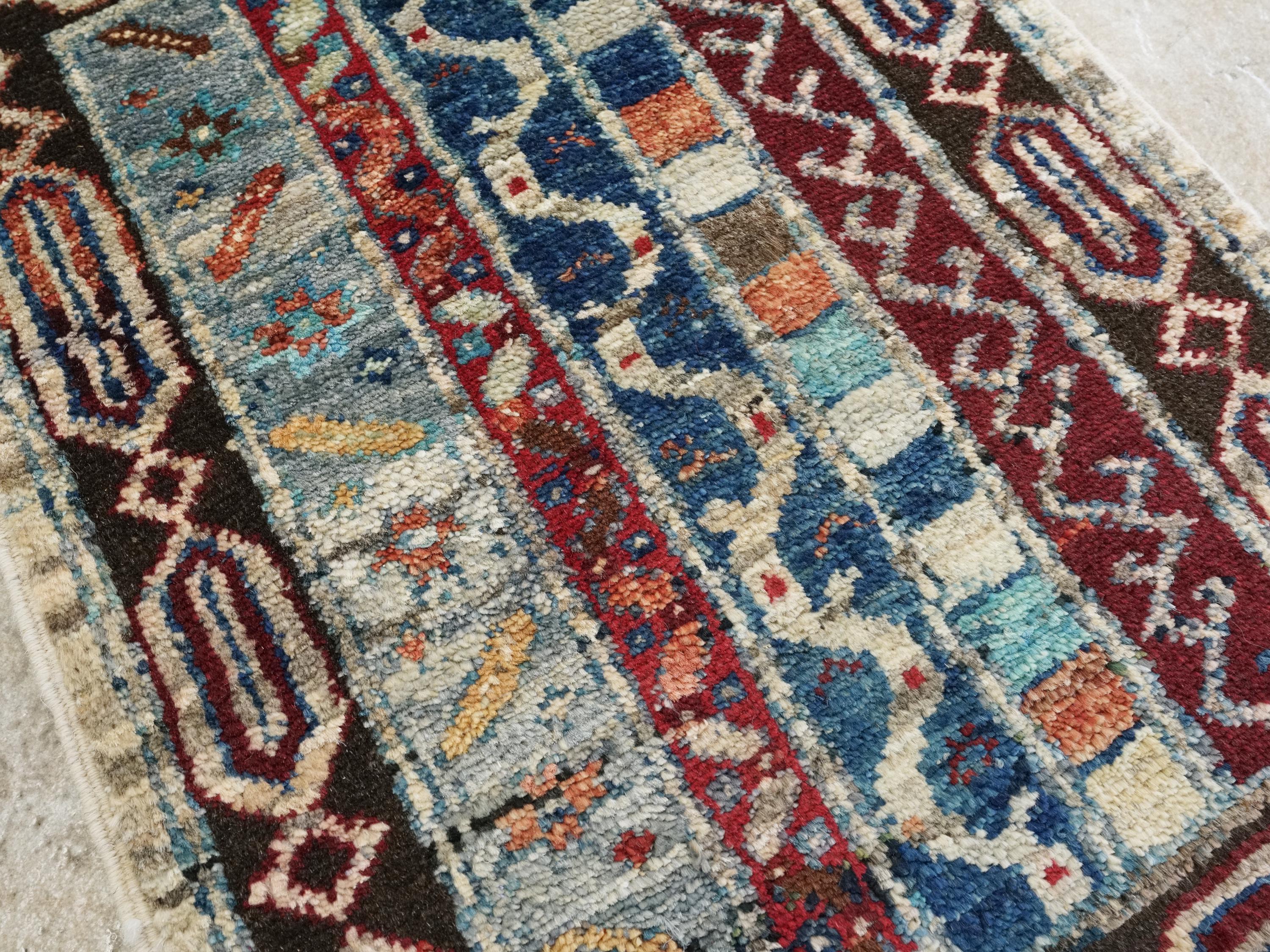 1x2 Ft Hand Knotted Heriz Rug - Beige & Blue Afghan Wool Doormat