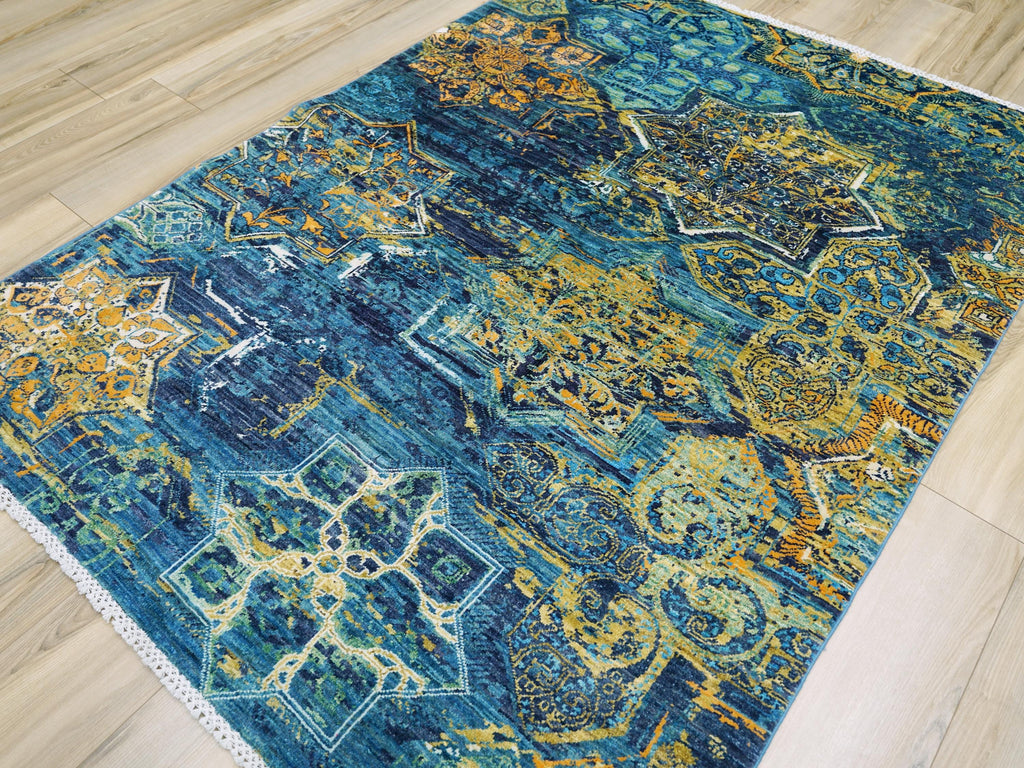 5x7 Ft Blue Abstract Wool Rug - Hand Knotted Area Rug