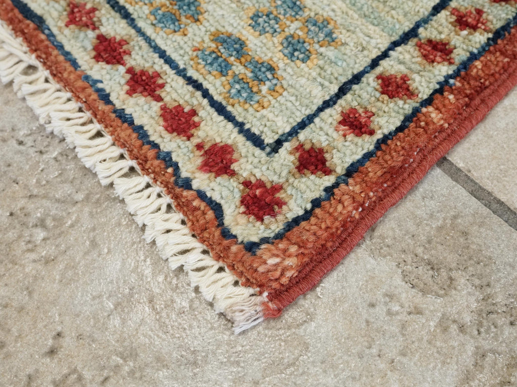 1x2 Ft Hand Knotted Heriz Rug - Blue & Red Afghan Wool