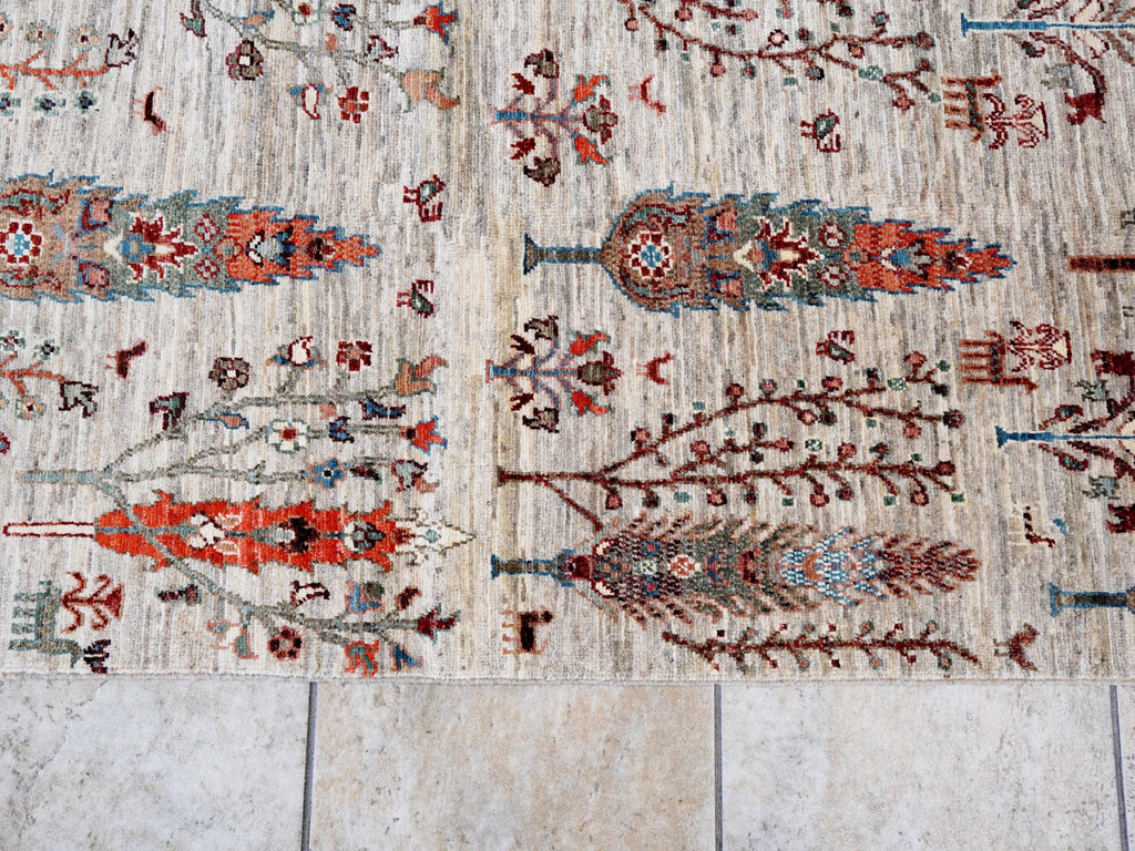 11 Ft Beige Afghan Runner Rug - Hand Knotted Hallway Rug - Floral Design