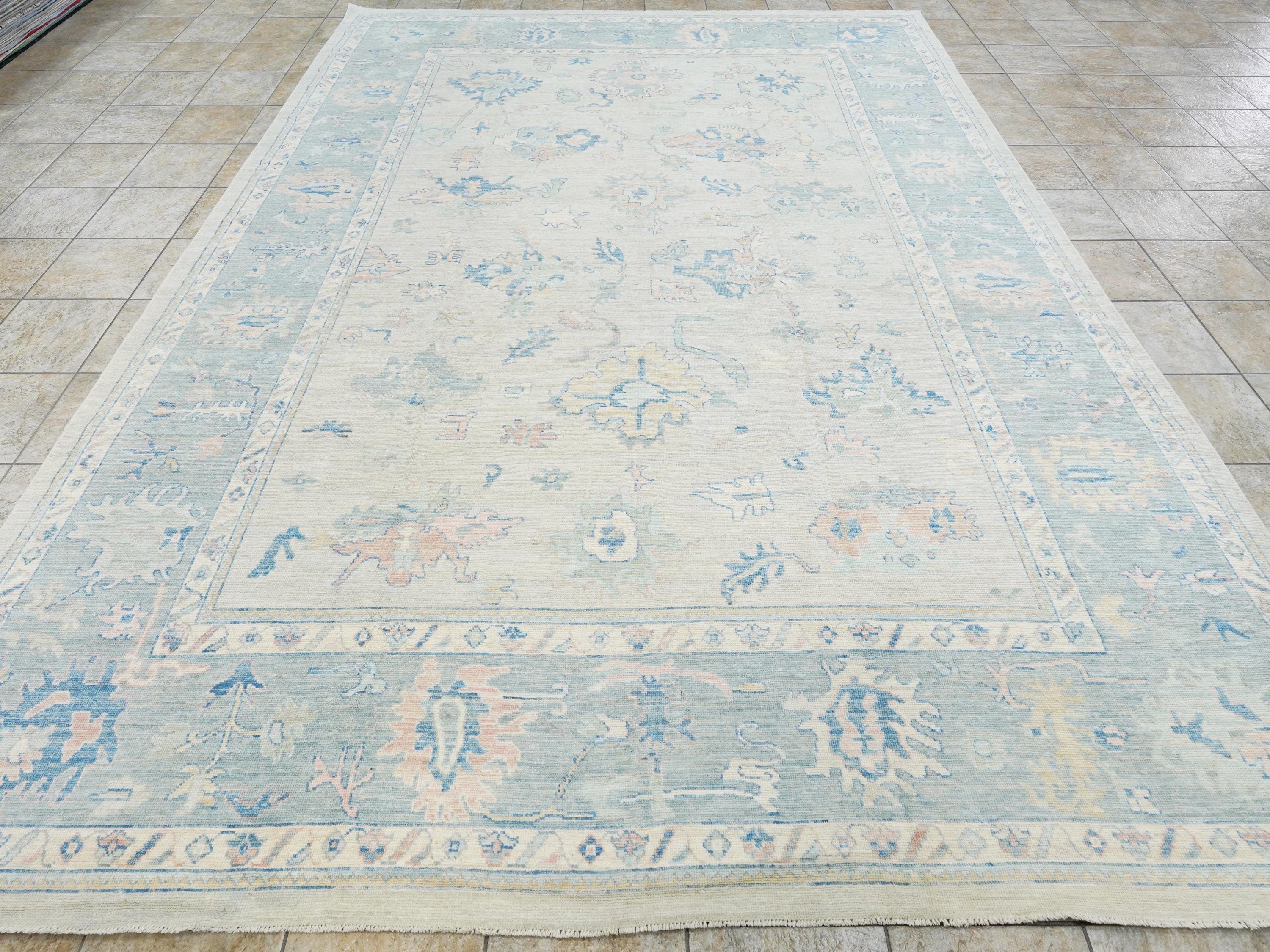 10x14 Ft Muted Blue & Orange Oushak Rug - Hand Knotted Afghan Rug - Turkish Floral Design