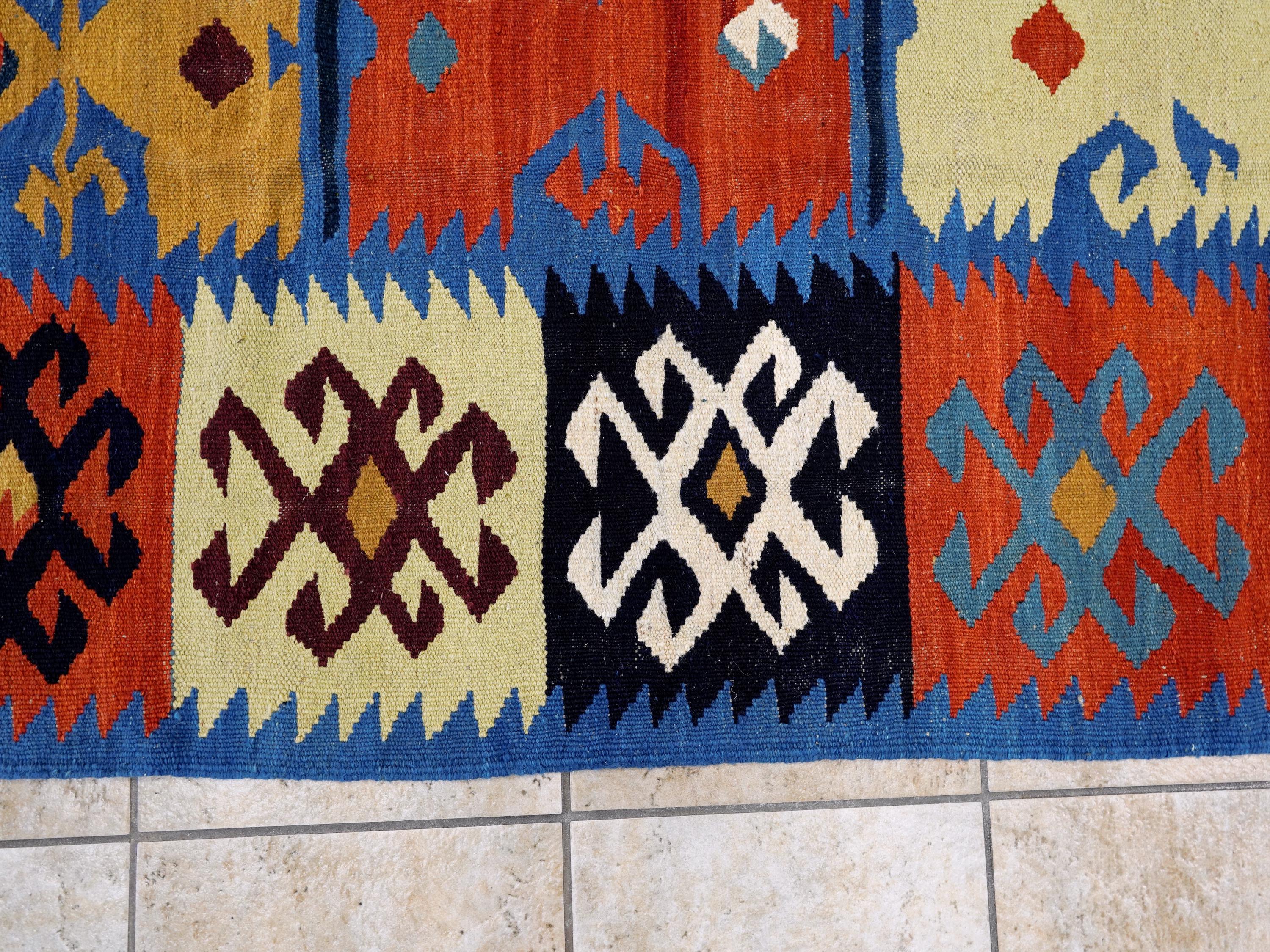 6x9 Ft Red & Blue Maimana Kilim Rug - Hand Knotted Wool Tribal Rug
