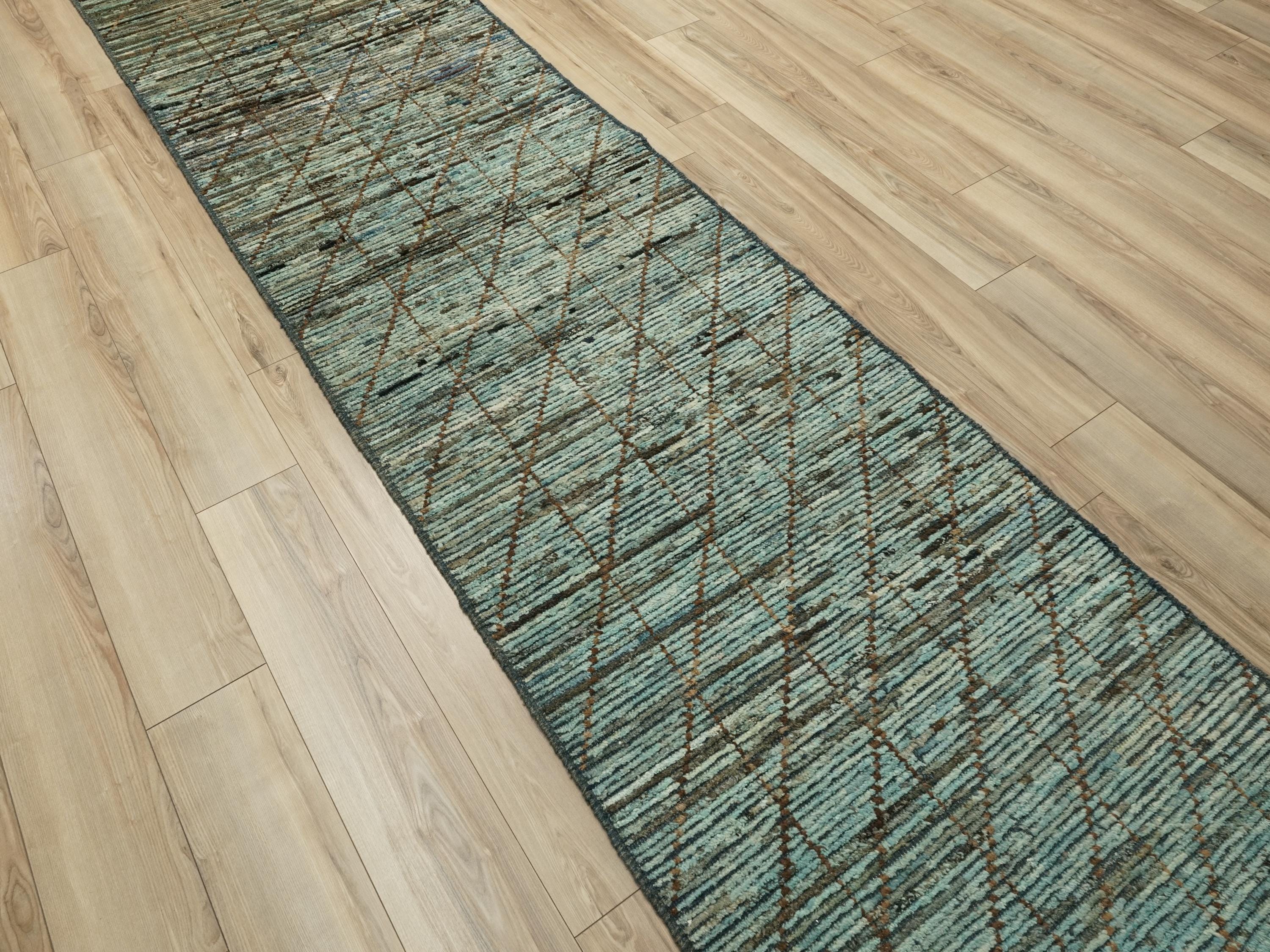13 Ft Cyan Moroccan Runner Rug - Afghan Handmade Wool Hallway Rug