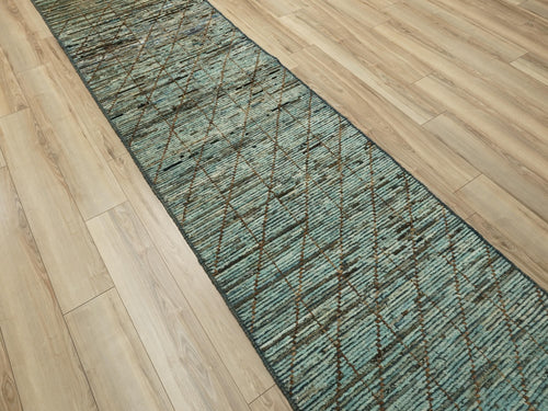 13 Ft Cyan Moroccan Runner Rug - Afghan Handmade Wool Hallway Rug