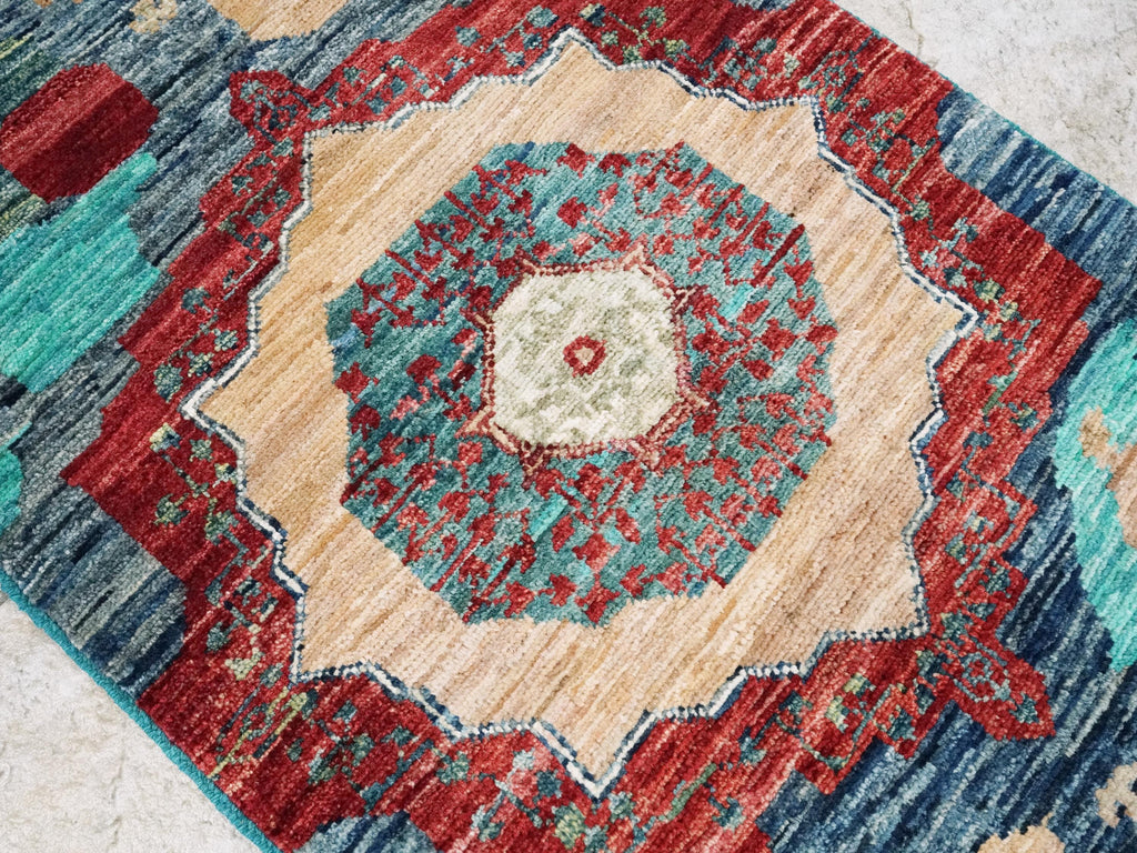 2x5 Ft Blue Mamluk Rug - Hand Knotted Wool Hallway Runner