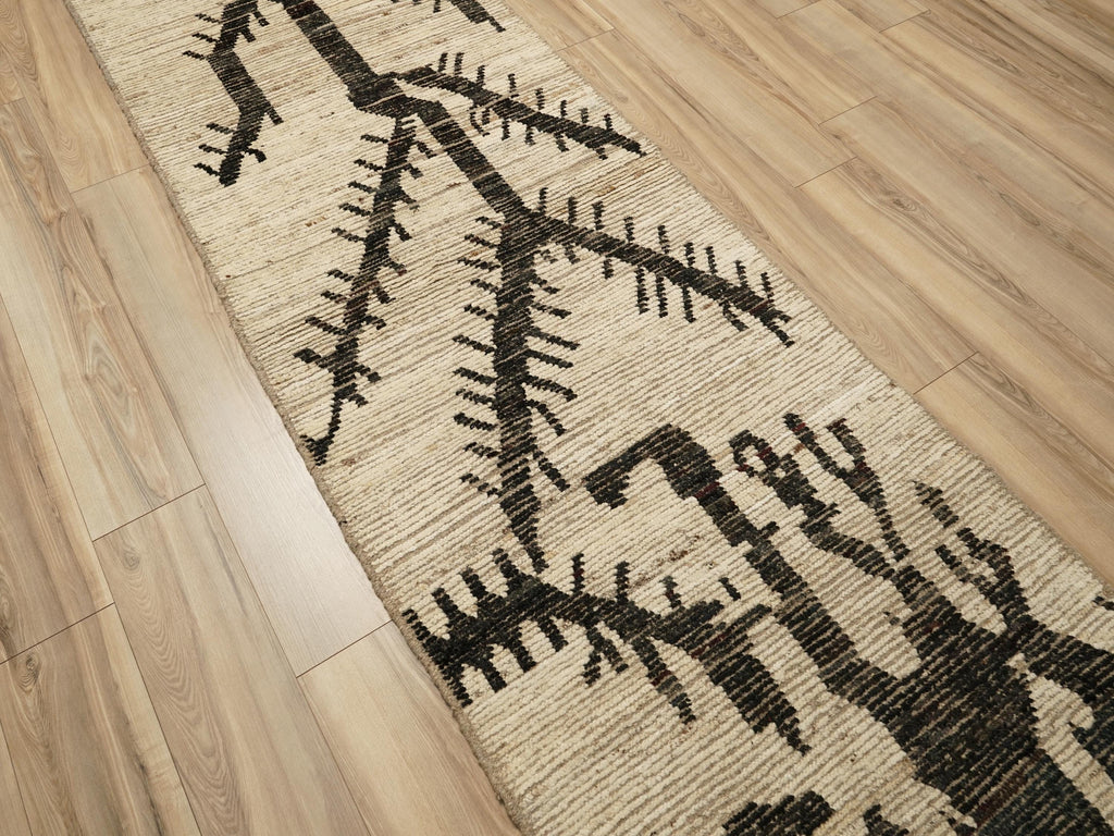 10 Ft Black & Beige Moroccan Runner Rug - Afghan Handmade Wool Rug