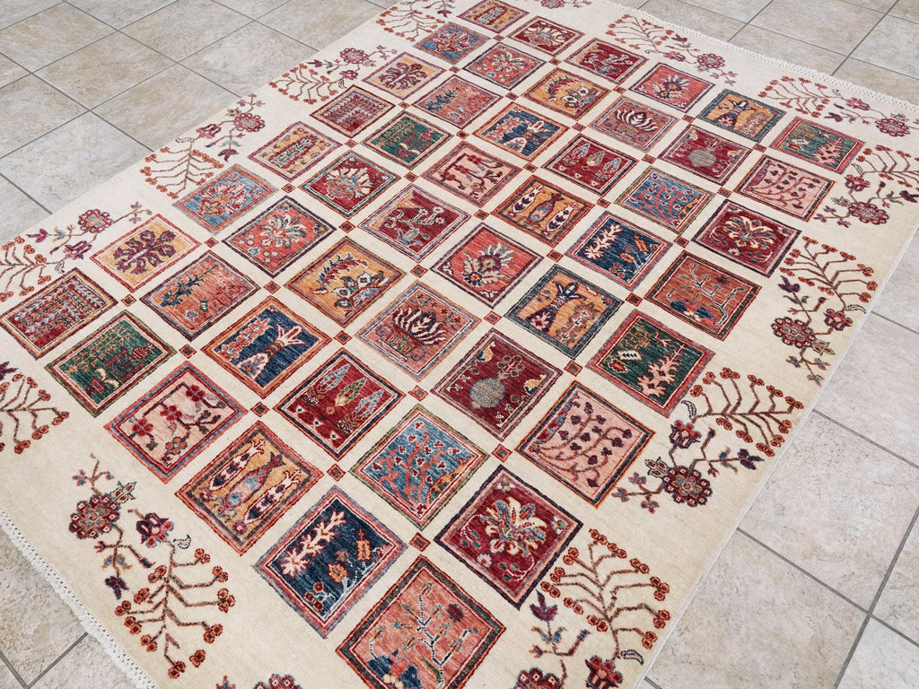 6x8 Ft Beige Serapi Rug - Hand Knotted Oriental Area Rug - Garden Design