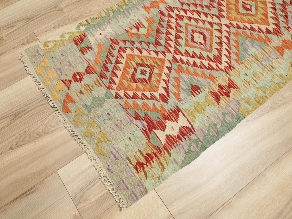 6 Ft Kilim Runner Rug - Green & Red Flatweave