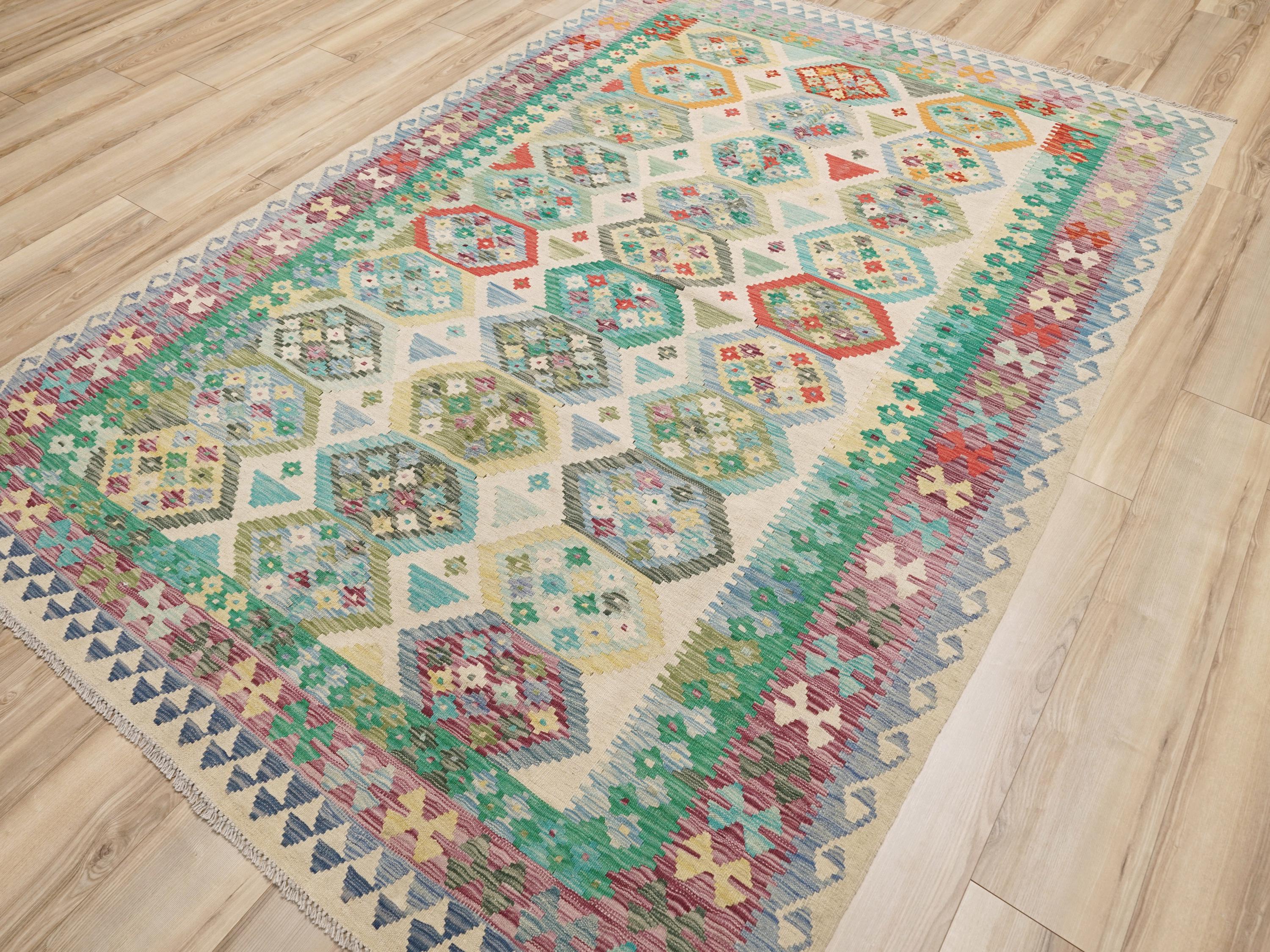 6x10 Ft Green Kilim Rug - Flat Weave Tribal Rug