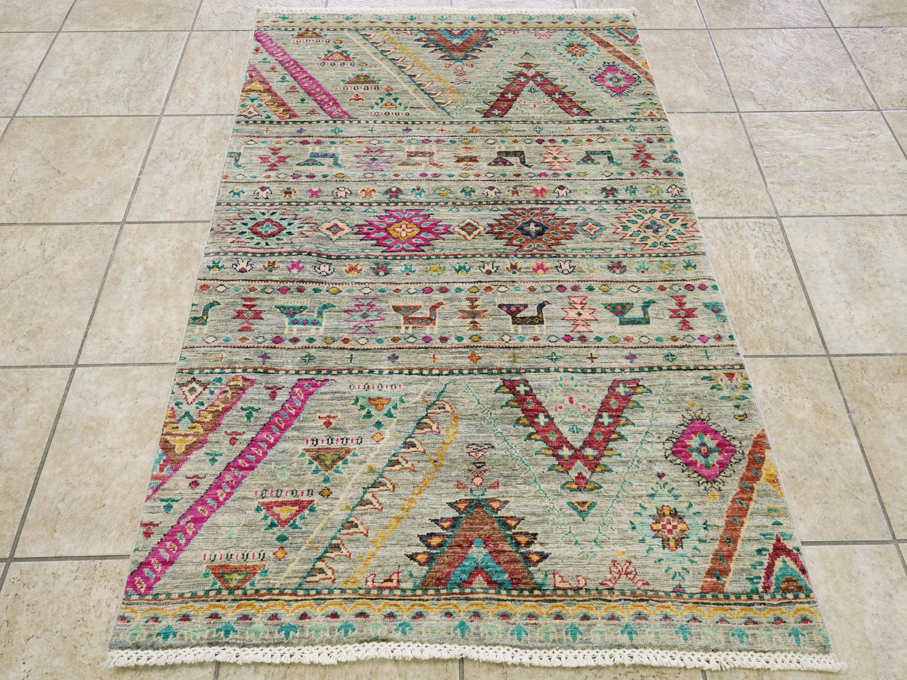 3x5 Ft Hand Knotted Cyan Khorjin Rug - Traditional Tribal Rug