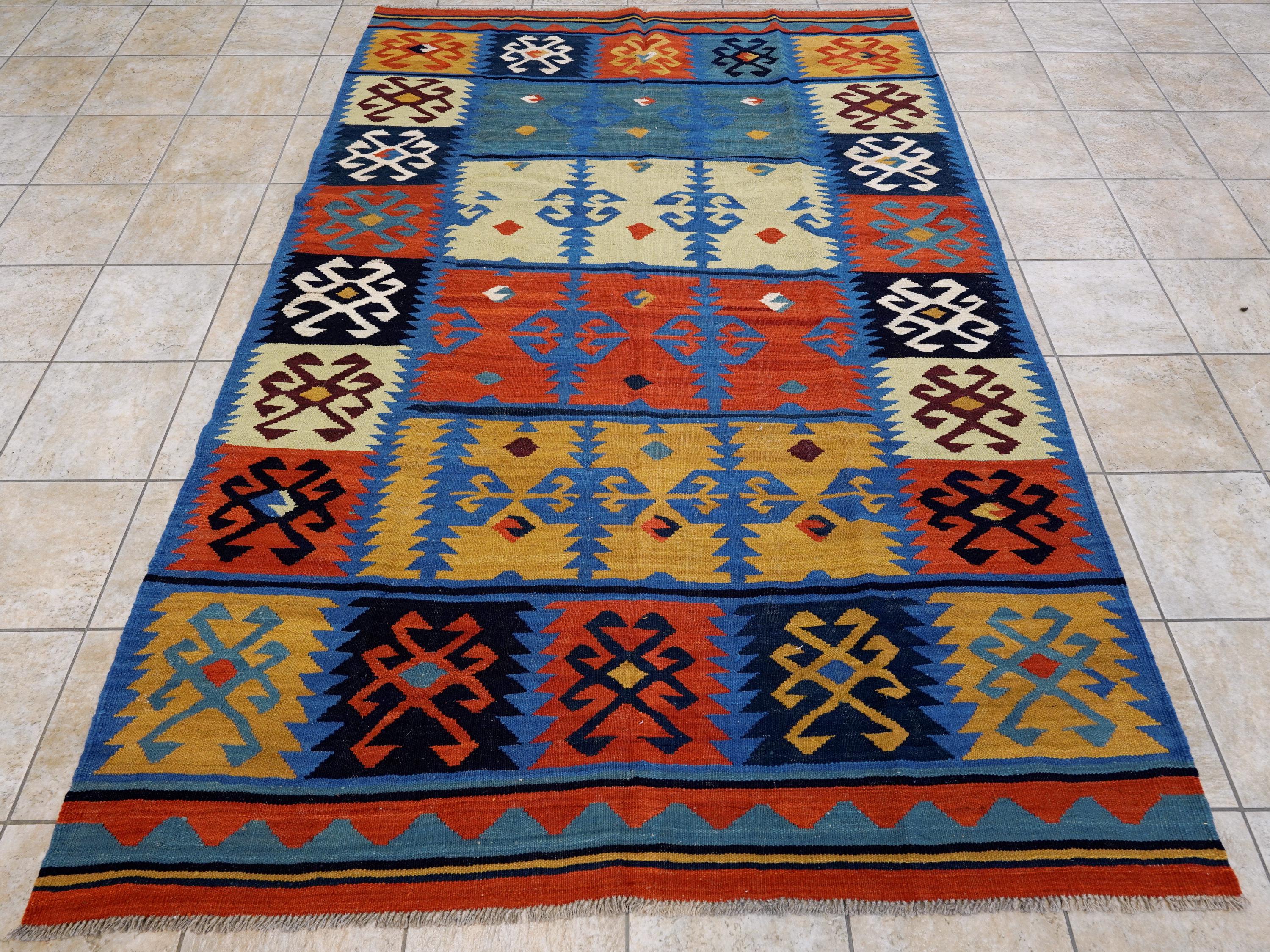 6x9 Ft Red & Blue Maimana Kilim Rug - Hand Knotted Wool Tribal Rug