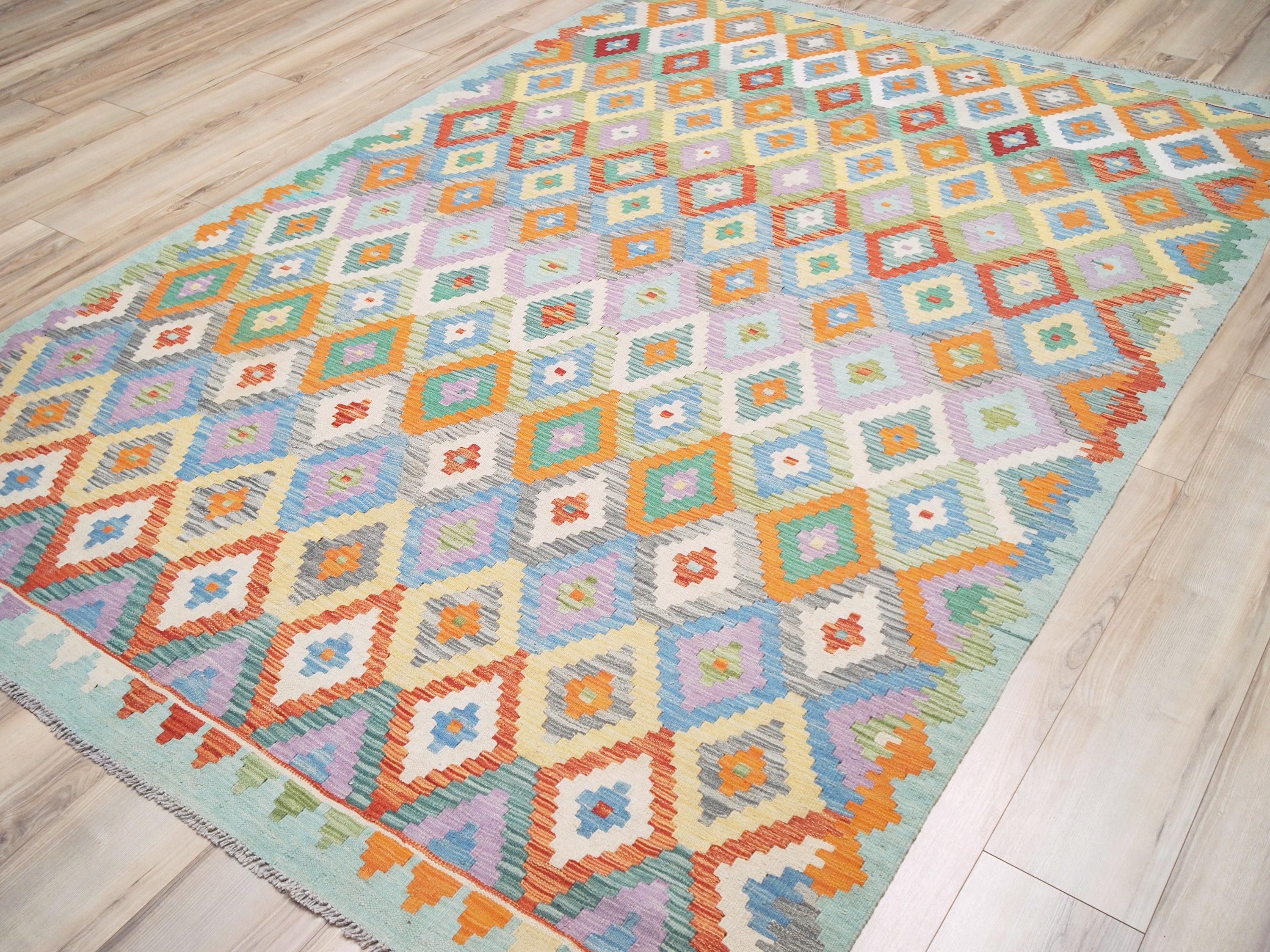 7x10 Ft Light Green Kilim Rug - Afghan Tribal Flat Weave