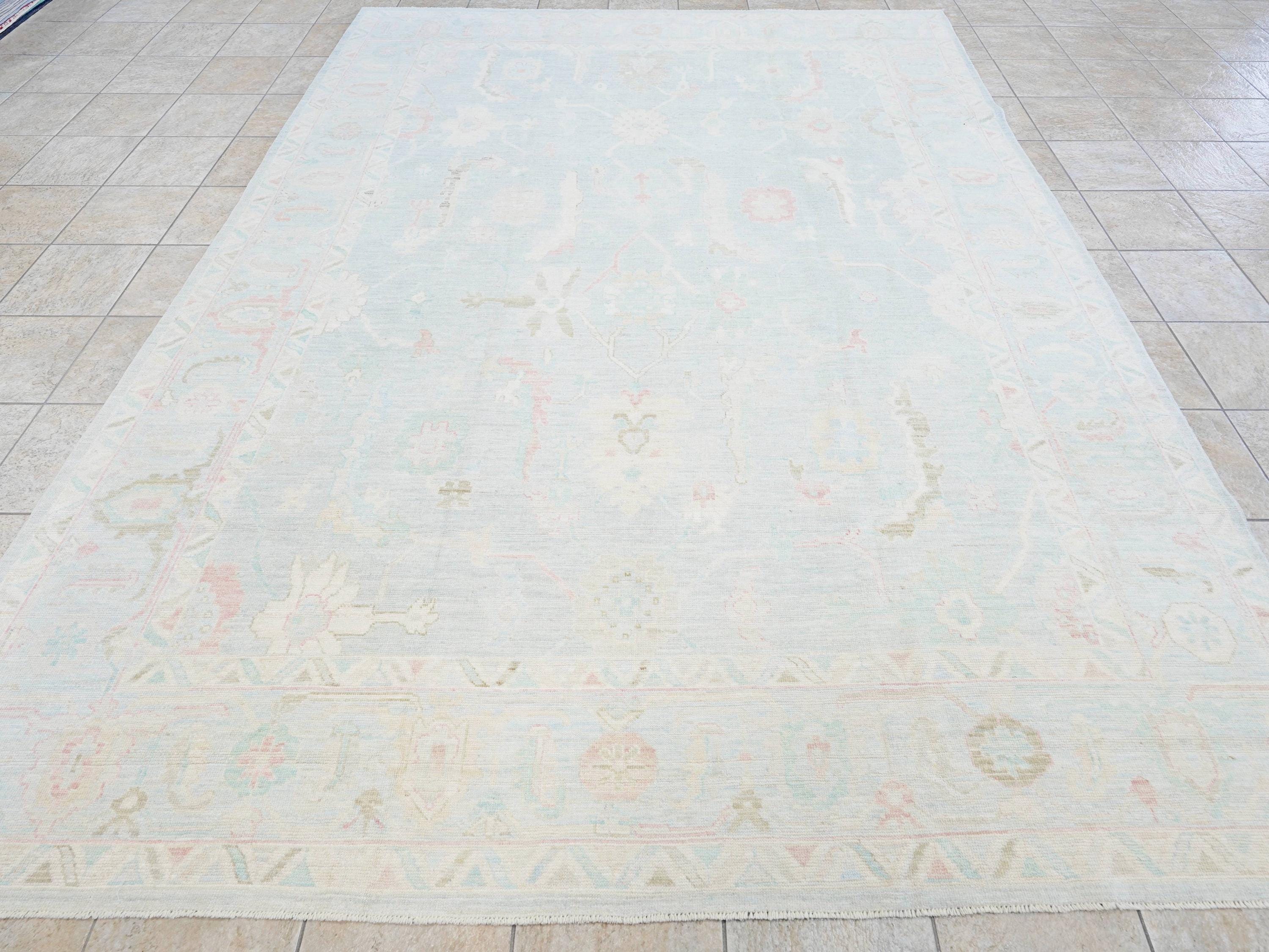 9x12 Ft Light Blue Oushak Rug - Handmade Area Rug - Floral Design