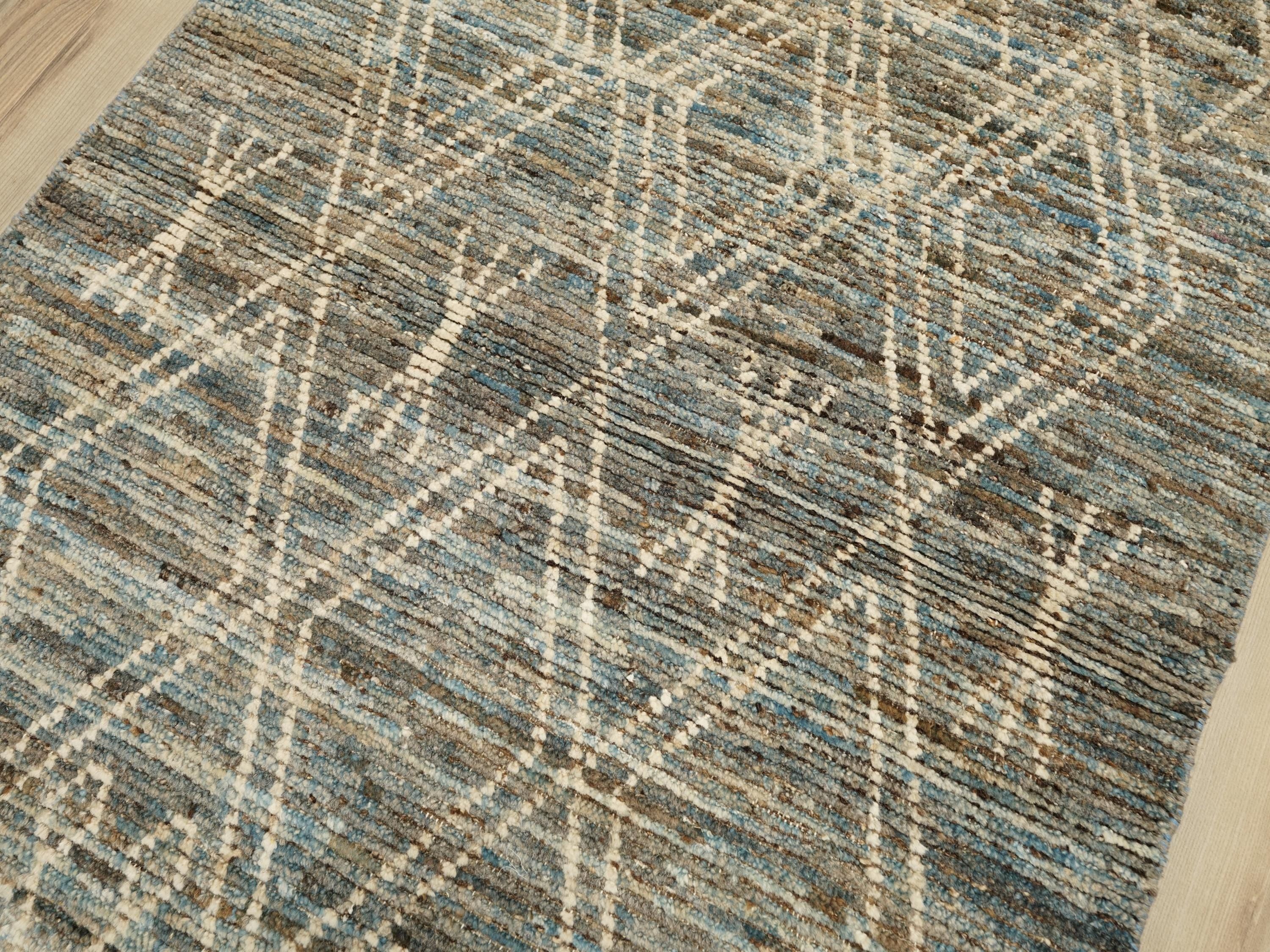 16 Ft Blue Moroccan Wool Runner Rug - Afghan Handmade Hallway Rug