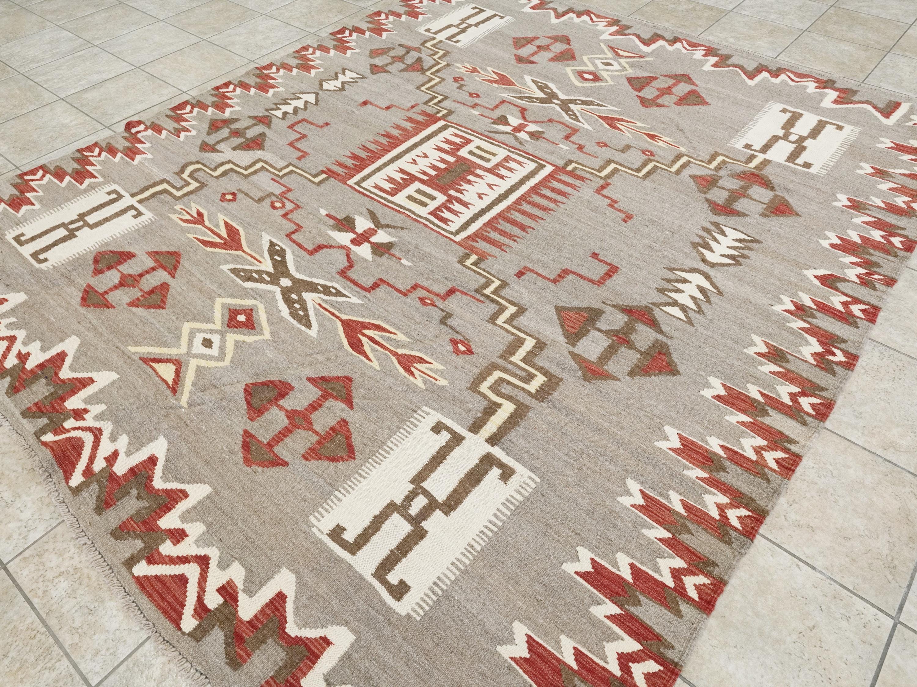 8x9 Ft Red Navajo Rug - Traditional Flat Weave - Tribal Design