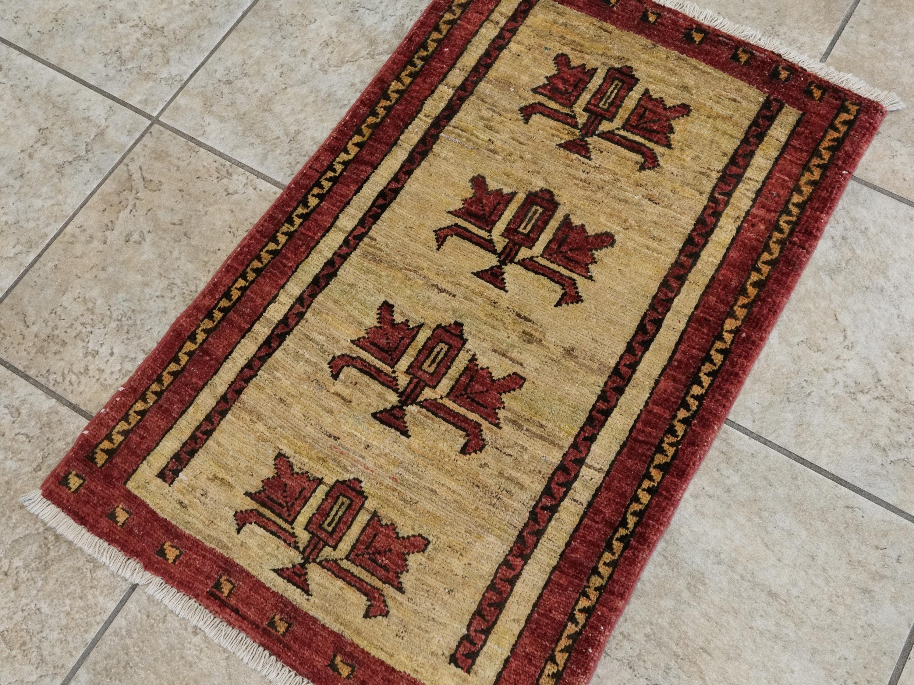 2x3 Ft Hand Knotted Wool Gabbeh Rug - Beige & Red Tribal Doormat