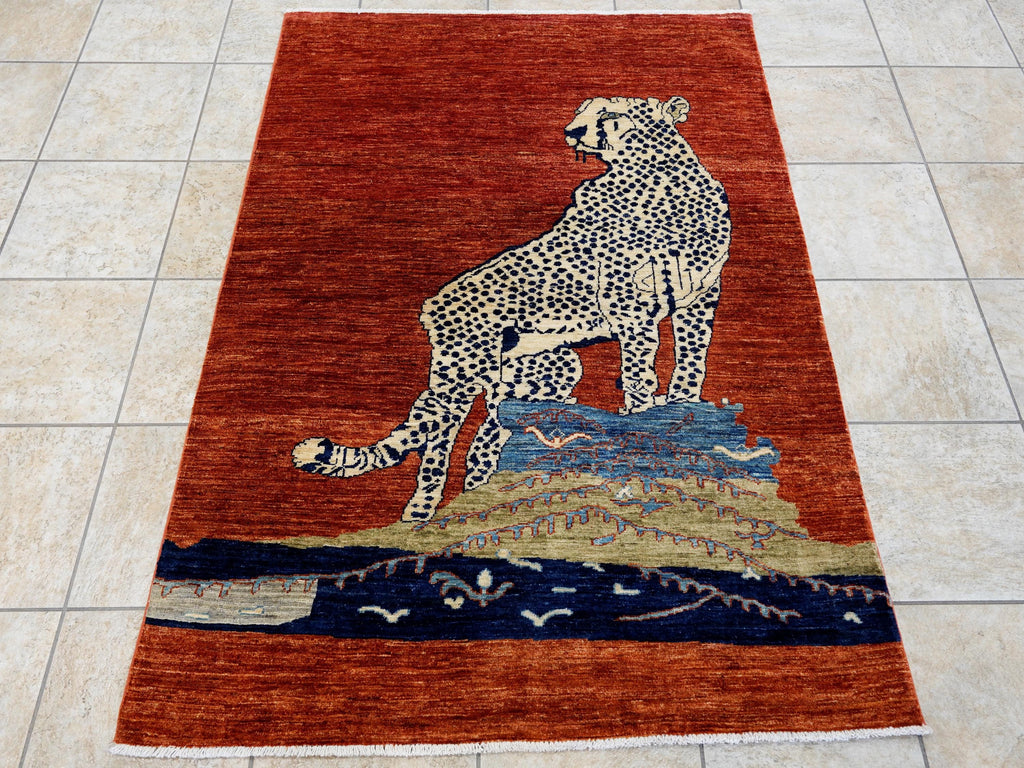 4x6 Ft Red Cheetah Rug - Hand Knotted Oriental Rug