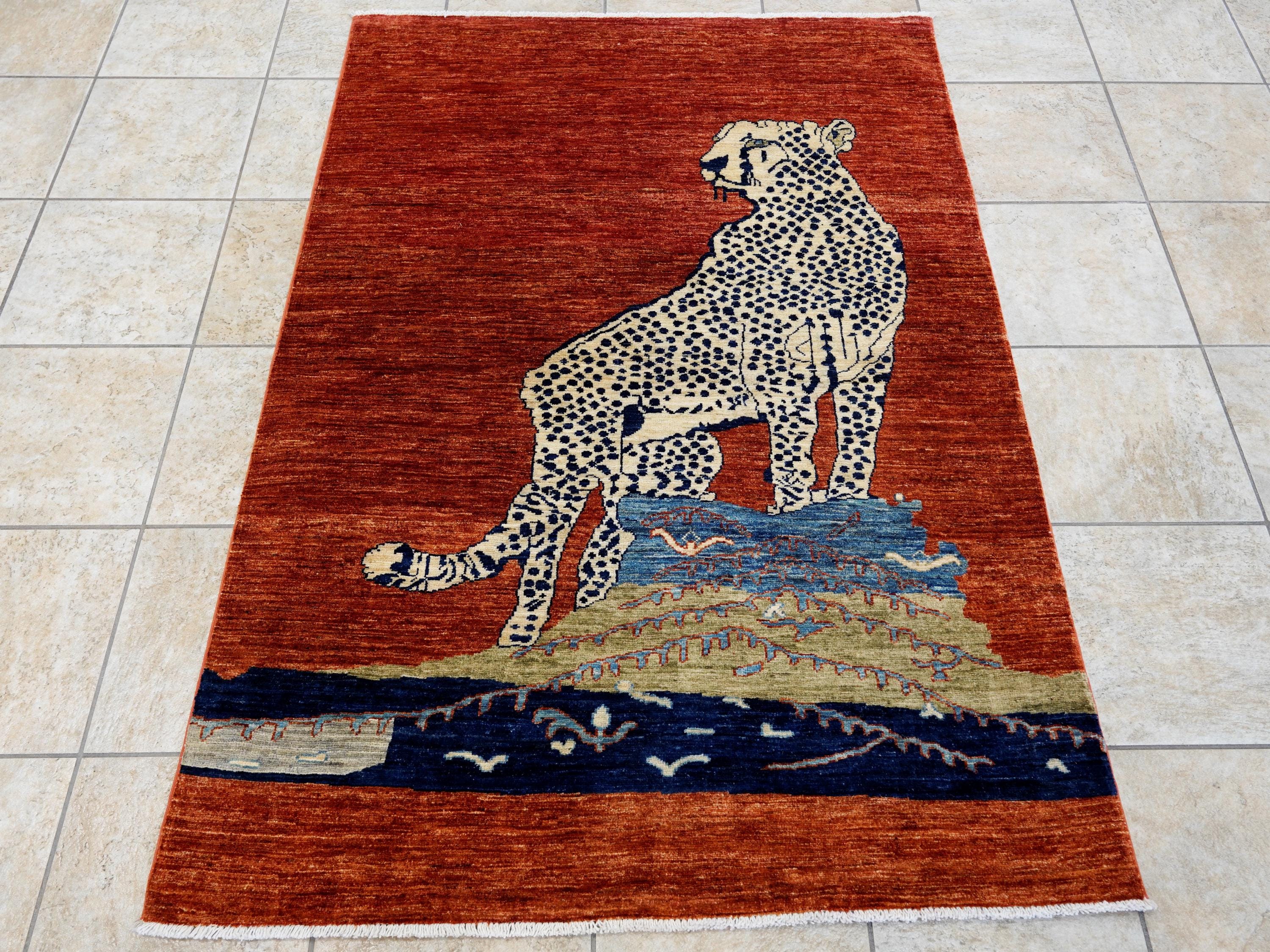 4x6 Ft Red Cheetah Rug - Hand Knotted Oriental Rug