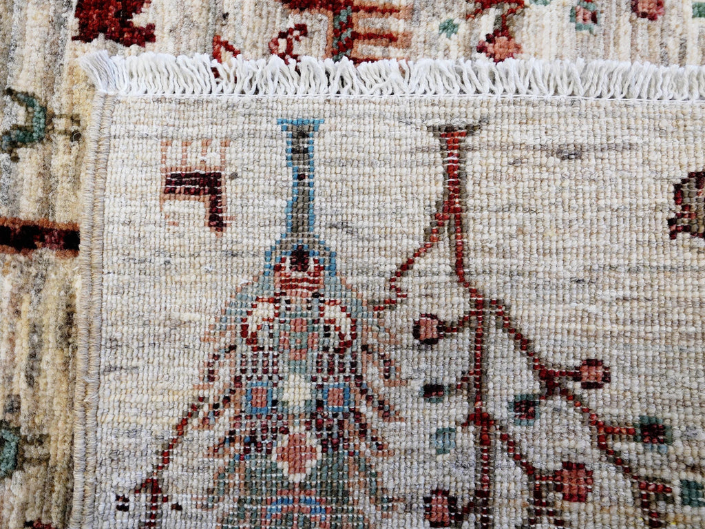 11 Ft Beige Afghan Runner Rug - Hand Knotted Hallway Rug - Floral Design