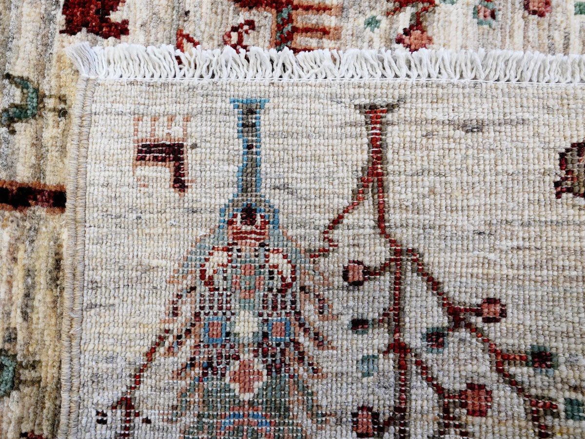 11 Ft Beige Afghan Runner Rug - Hand Knotted Hallway Rug - Floral Design