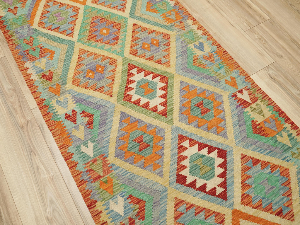 7 Ft Orange Green Kilim Rug  Flat Weave Afghan Runner