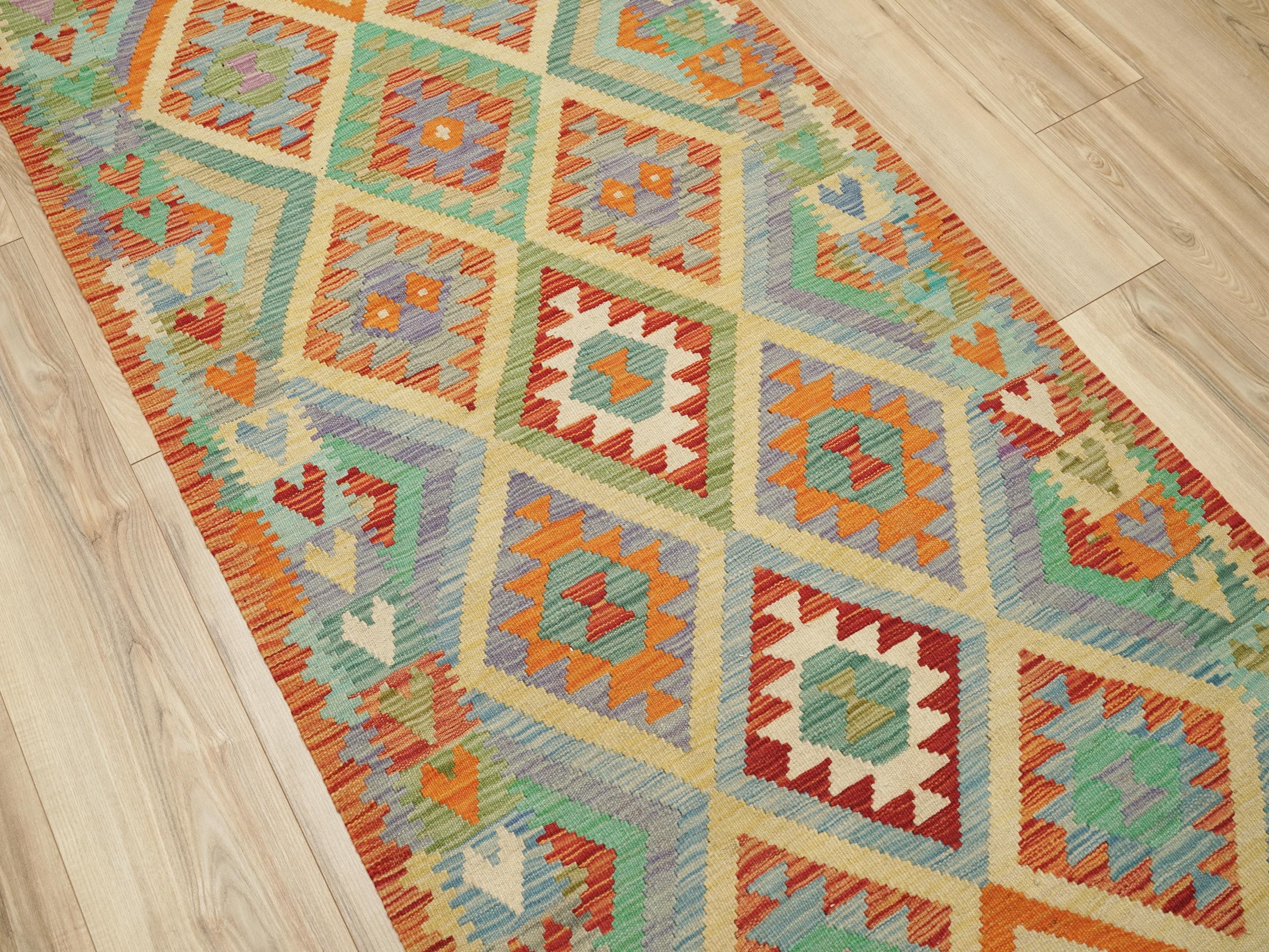 7 Ft Orange Green Kilim Rug  Flat Weave Afghan Runner