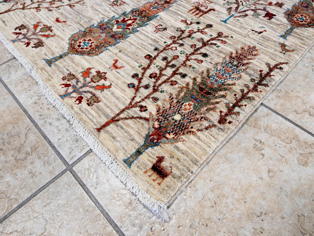11 Ft Beige Afghan Runner Rug - Hand Knotted Hallway Rug - Floral Design